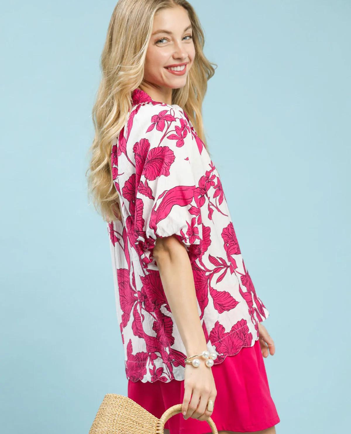 Umgee Floral Print V-Neck Top With Bubble Sleeves Fuchsia - Image 3