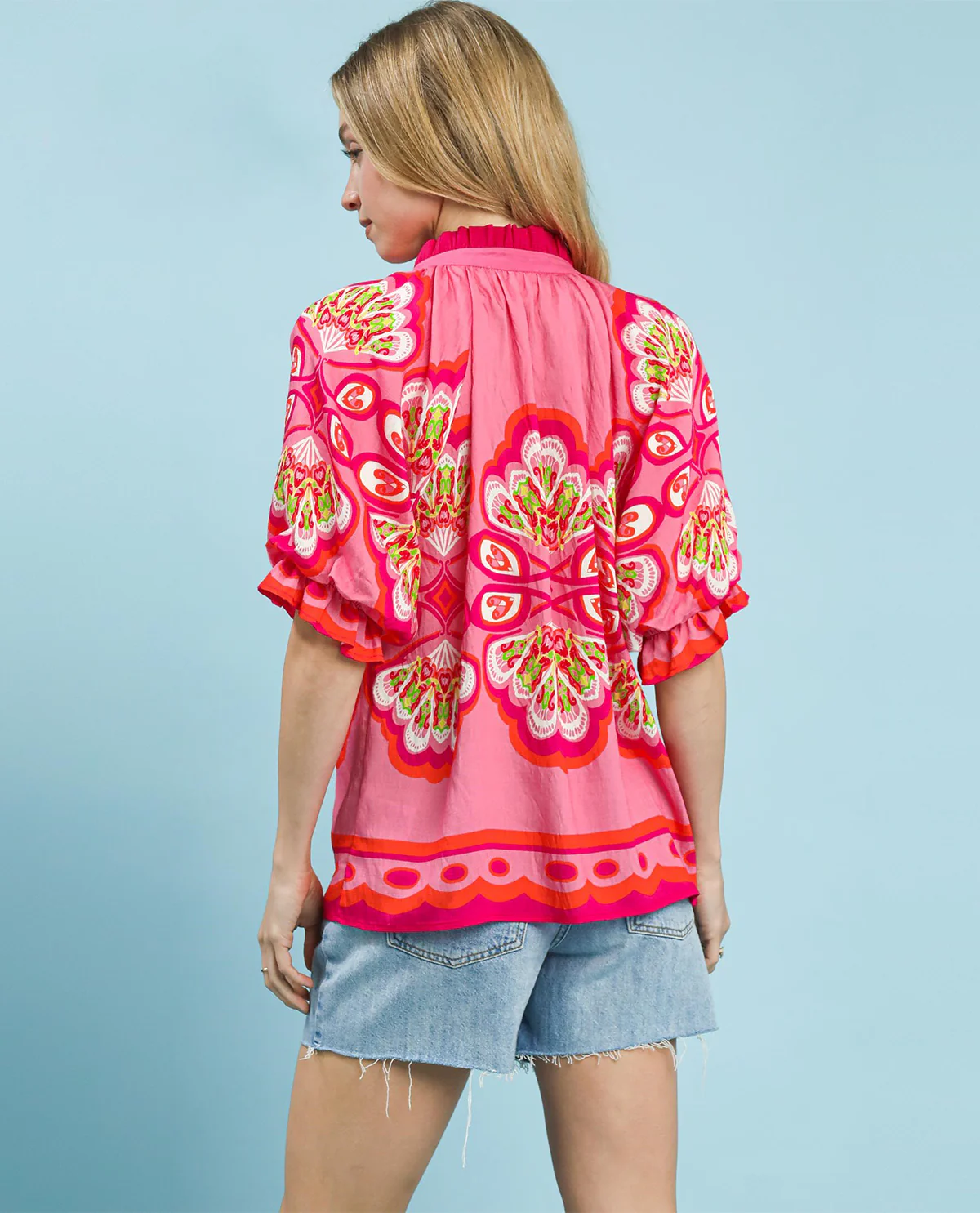 Umgee Print Bubble Sleeve V-Neck Top - Image 5