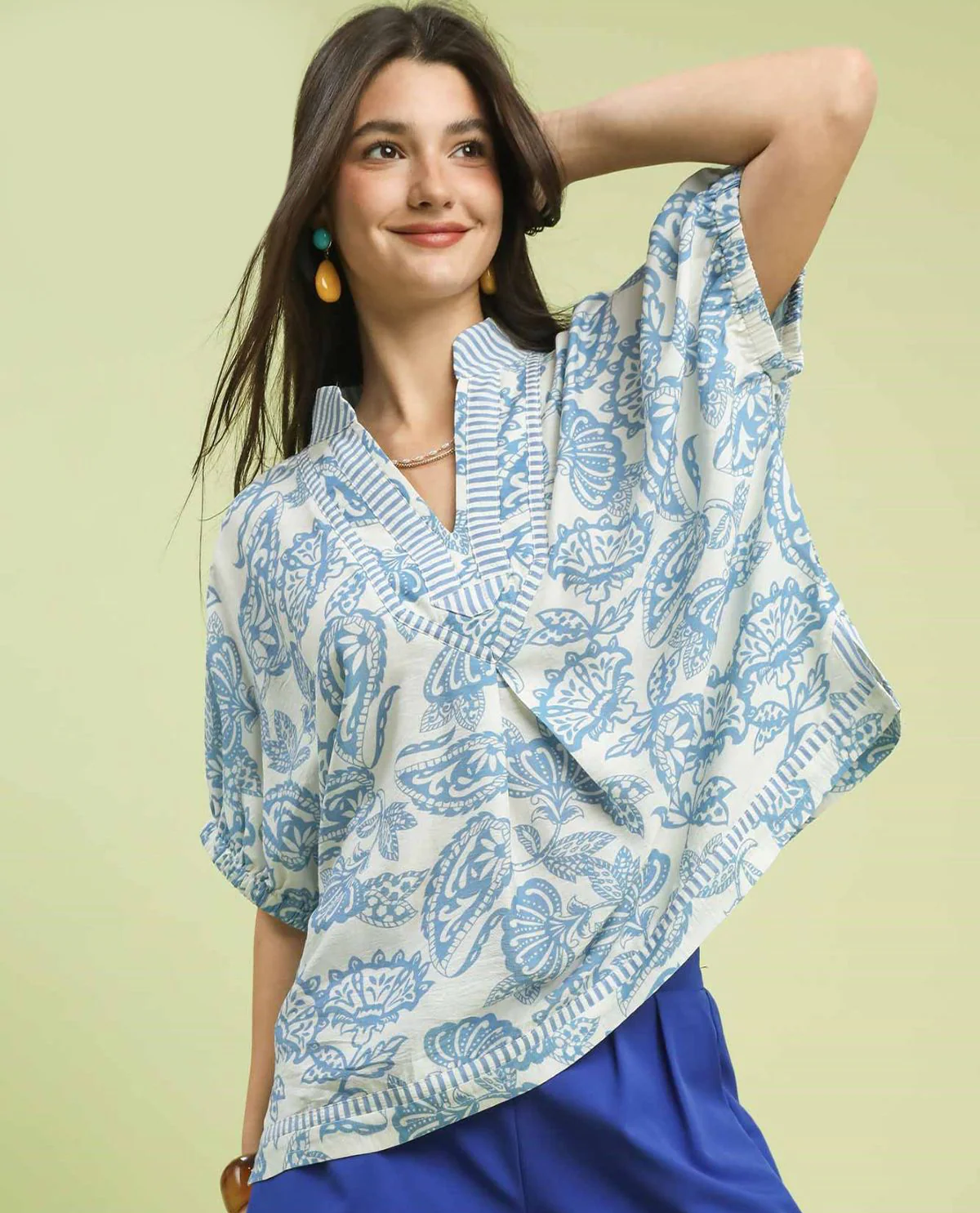 Umgee Botanical Print Mixed Trim Tunic Top - Image 2