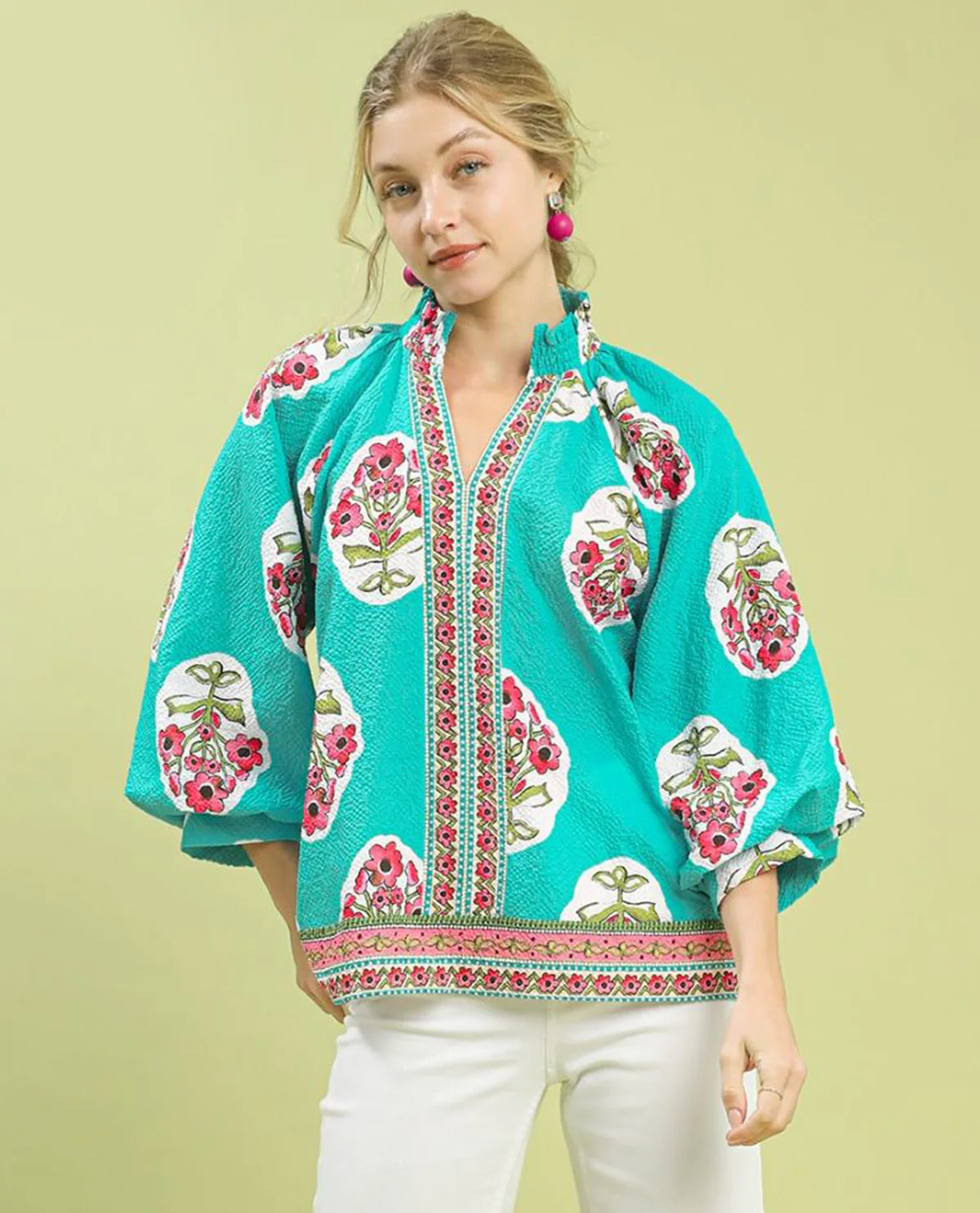 Umgee Boho Print Puff Sleeves Top - Image 4