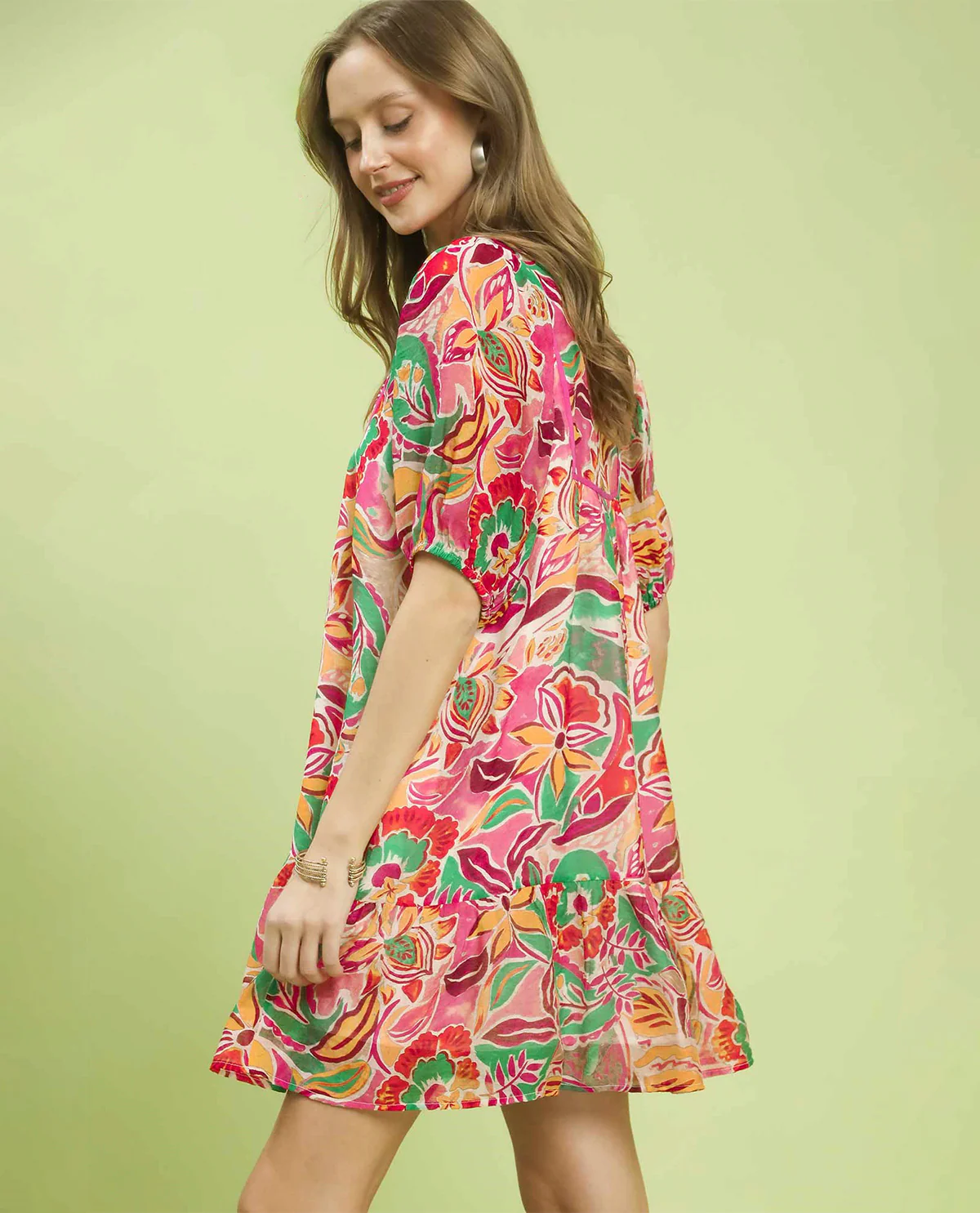 Umgee Print Ruffle Neck Dress Pink Mix - Image 3