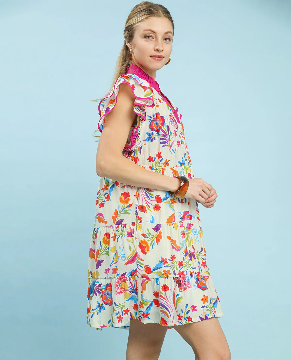 Umgee Print Ruffle Sleeve Tiered Dress - Image 2