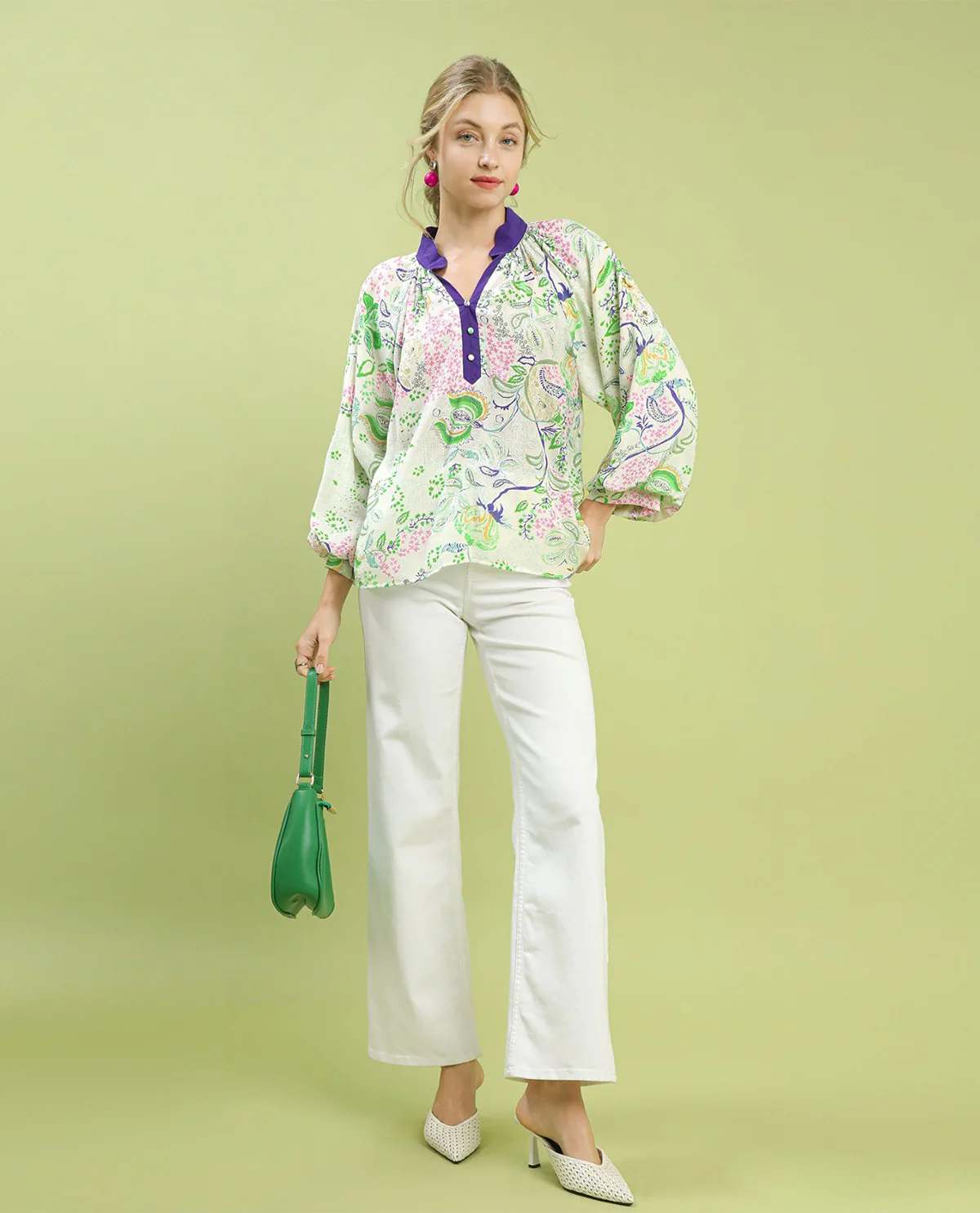 Umgee Paisley Floral Contrast Top With Balloon Sleeves and Split Neckline - Image 2