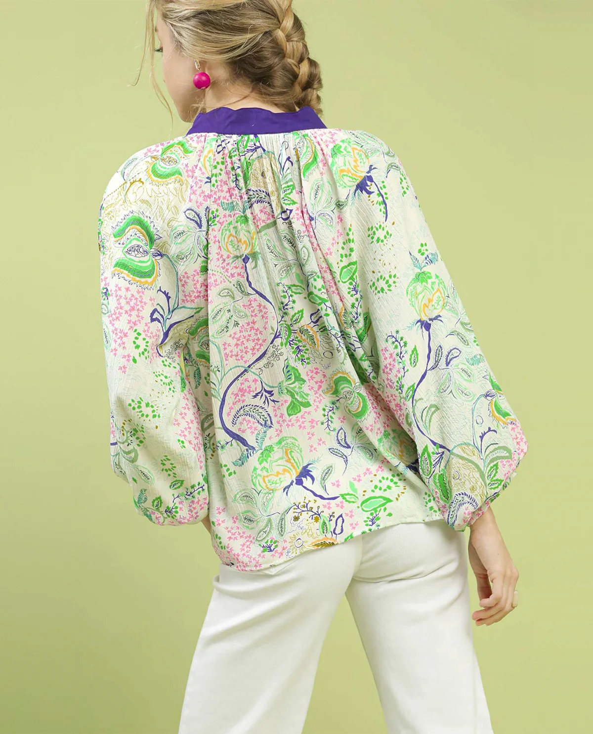 Umgee Paisley Floral Contrast Top With Balloon Sleeves and Split Neckline - Image 3