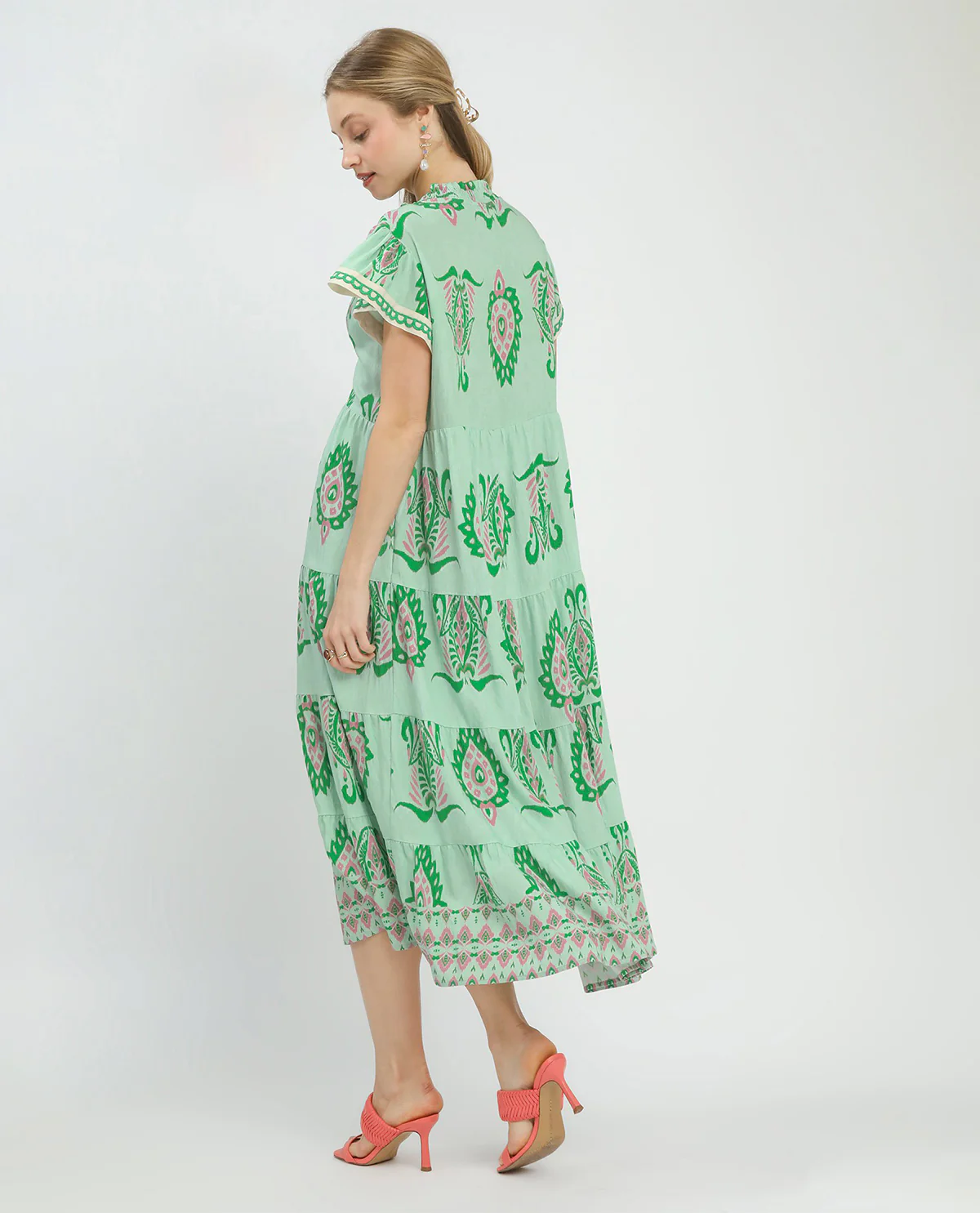 Umgee Print Tiered Dress With Flutter Sleeves Mint - Image 2