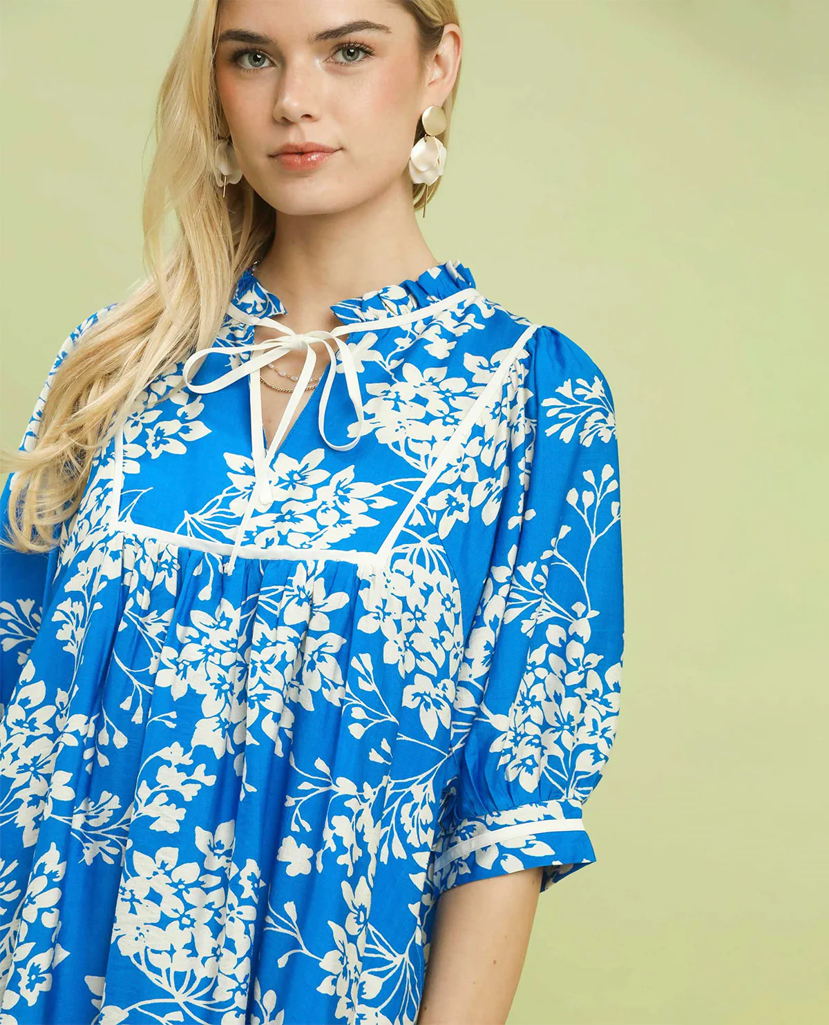 Umgee Print V-Neck Babydoll Dress Cerulean - Image 2
