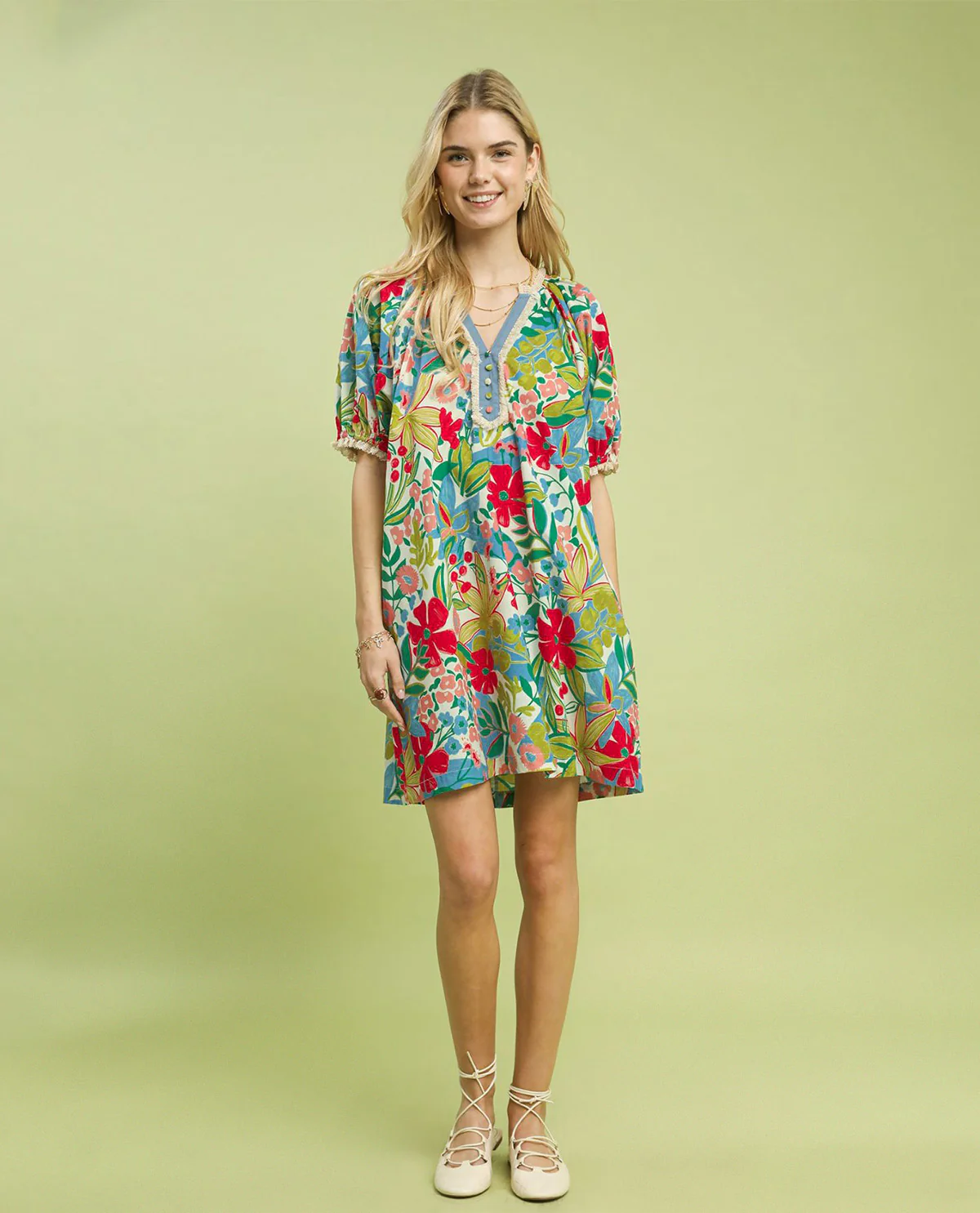 Umgee Print V-Neck Dress With Lace Trim Cream - Image 2