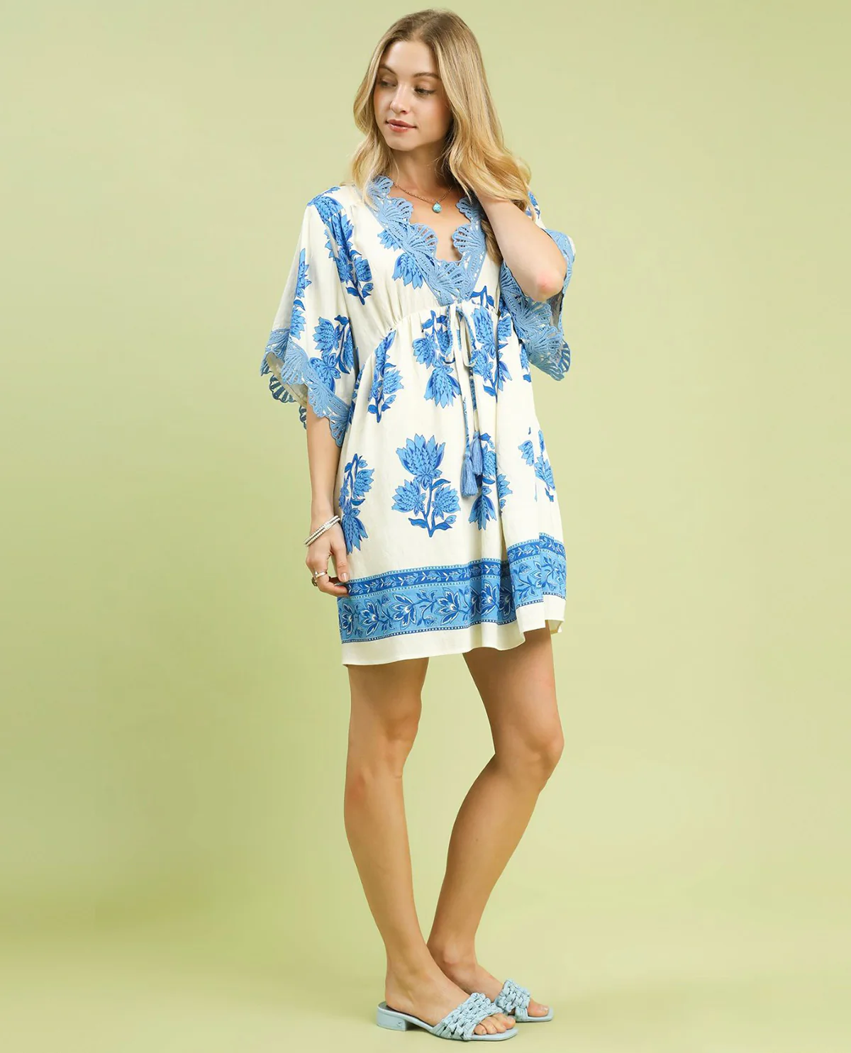 Umgee Paisley Border Print  Dress White/Blue - Image 2