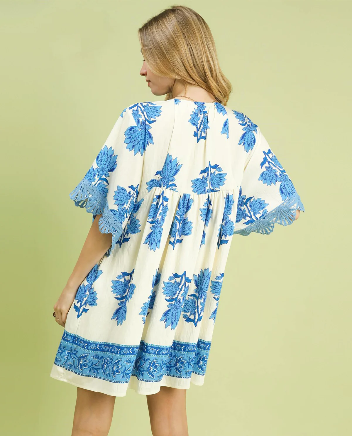 Umgee Paisley Border Print  Dress White/Blue - Image 3