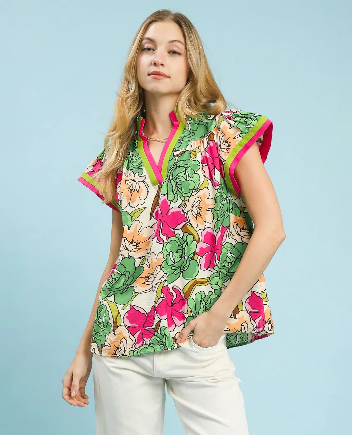 Umgee Bold Floral Print Blouse With Contrast Trim - Image 2
