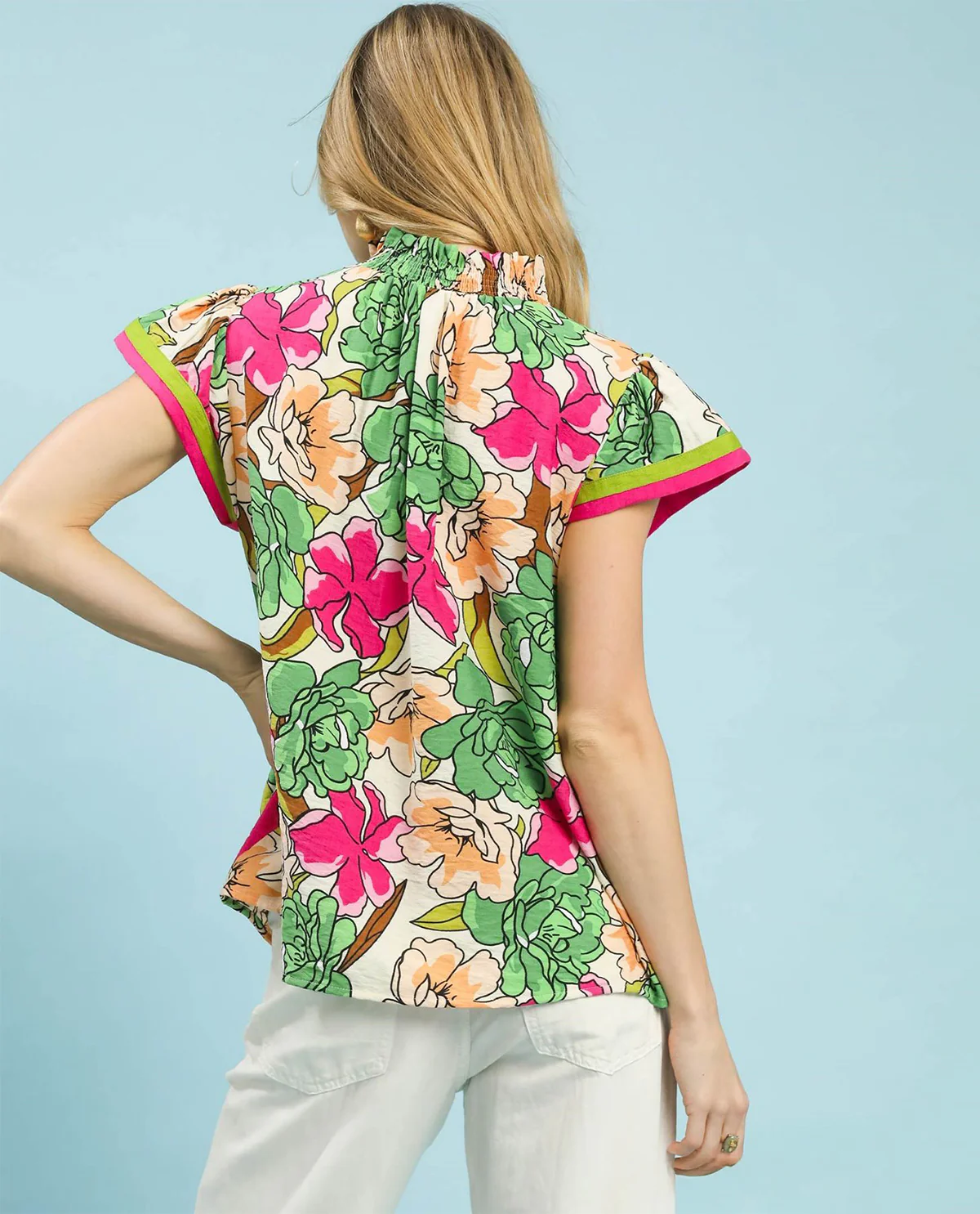 Umgee Bold Floral Print Blouse With Contrast Trim - Image 3