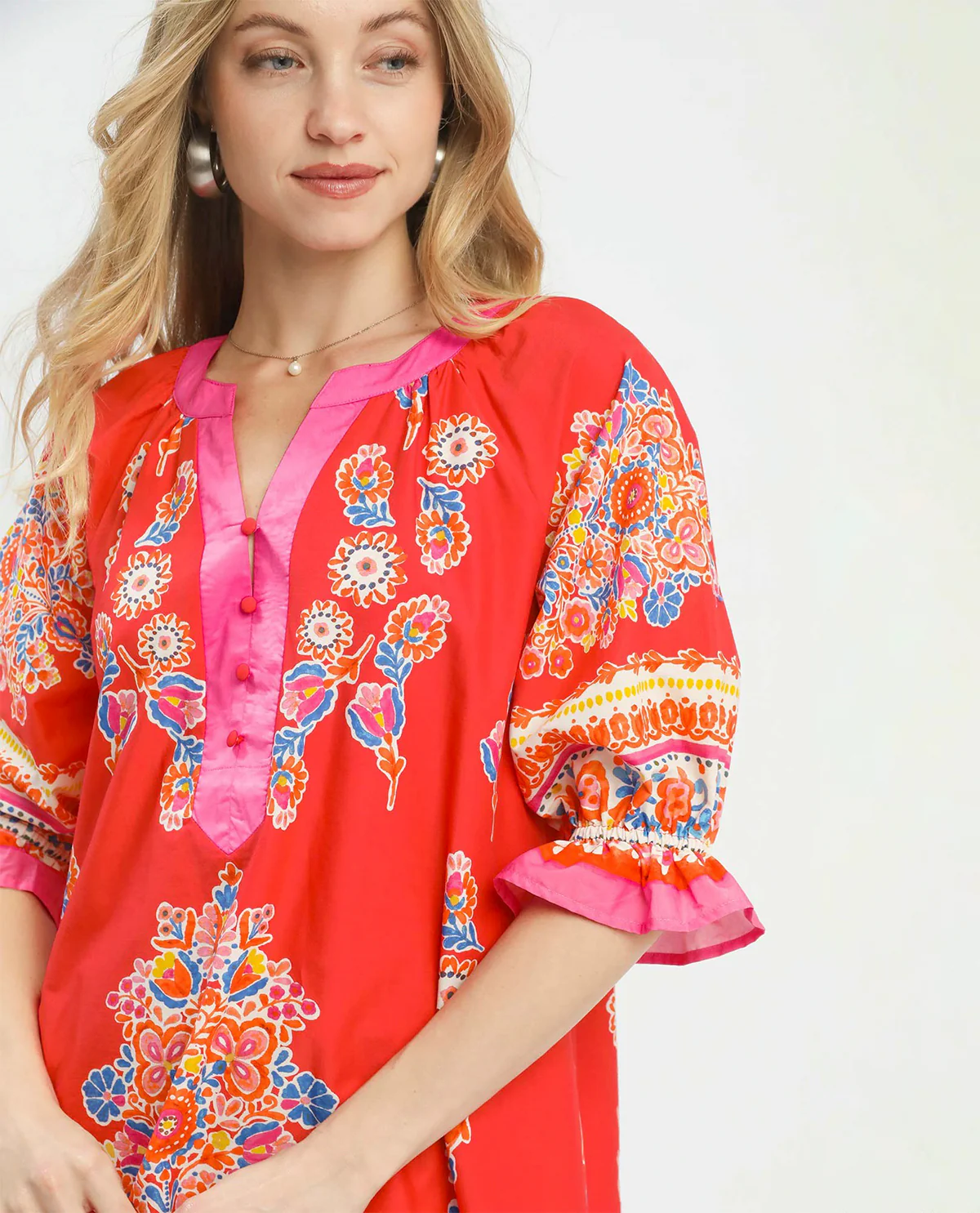 Umgee Printed Henley Tiered Dress Tea Berry - Image 2