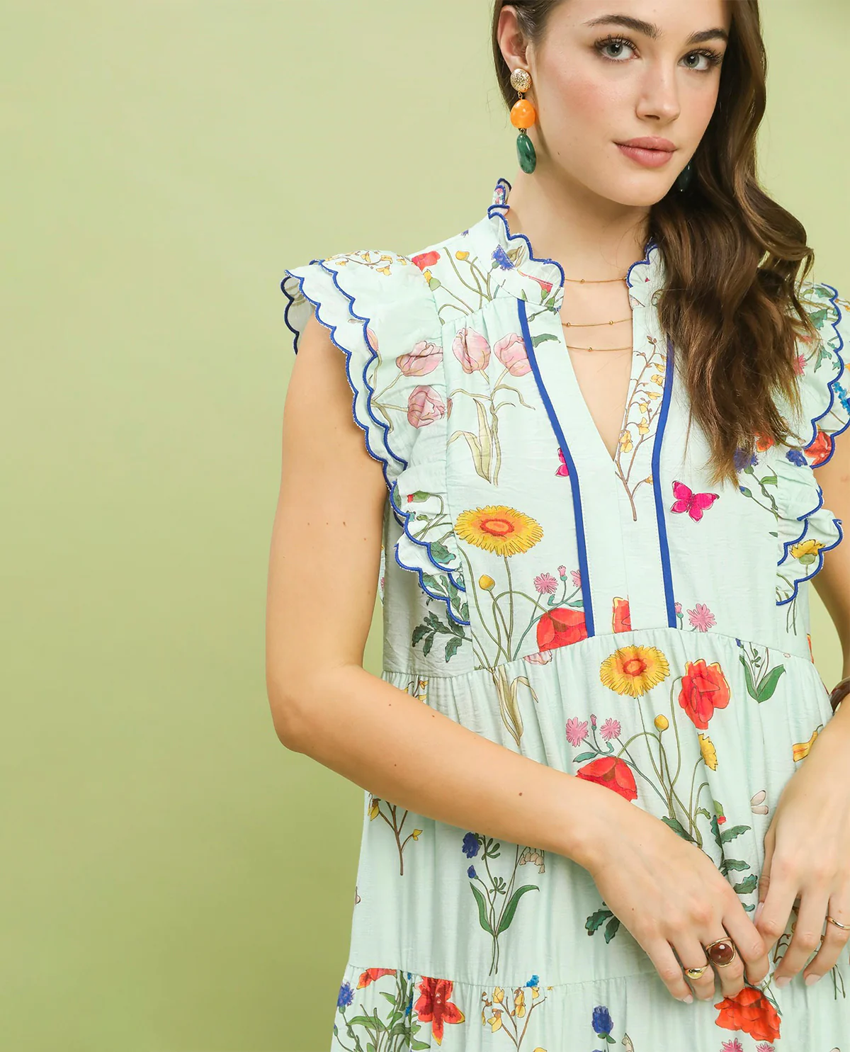 Umgee Printed Tiered Dress With Scallop Trim Ice Mint - Image 3