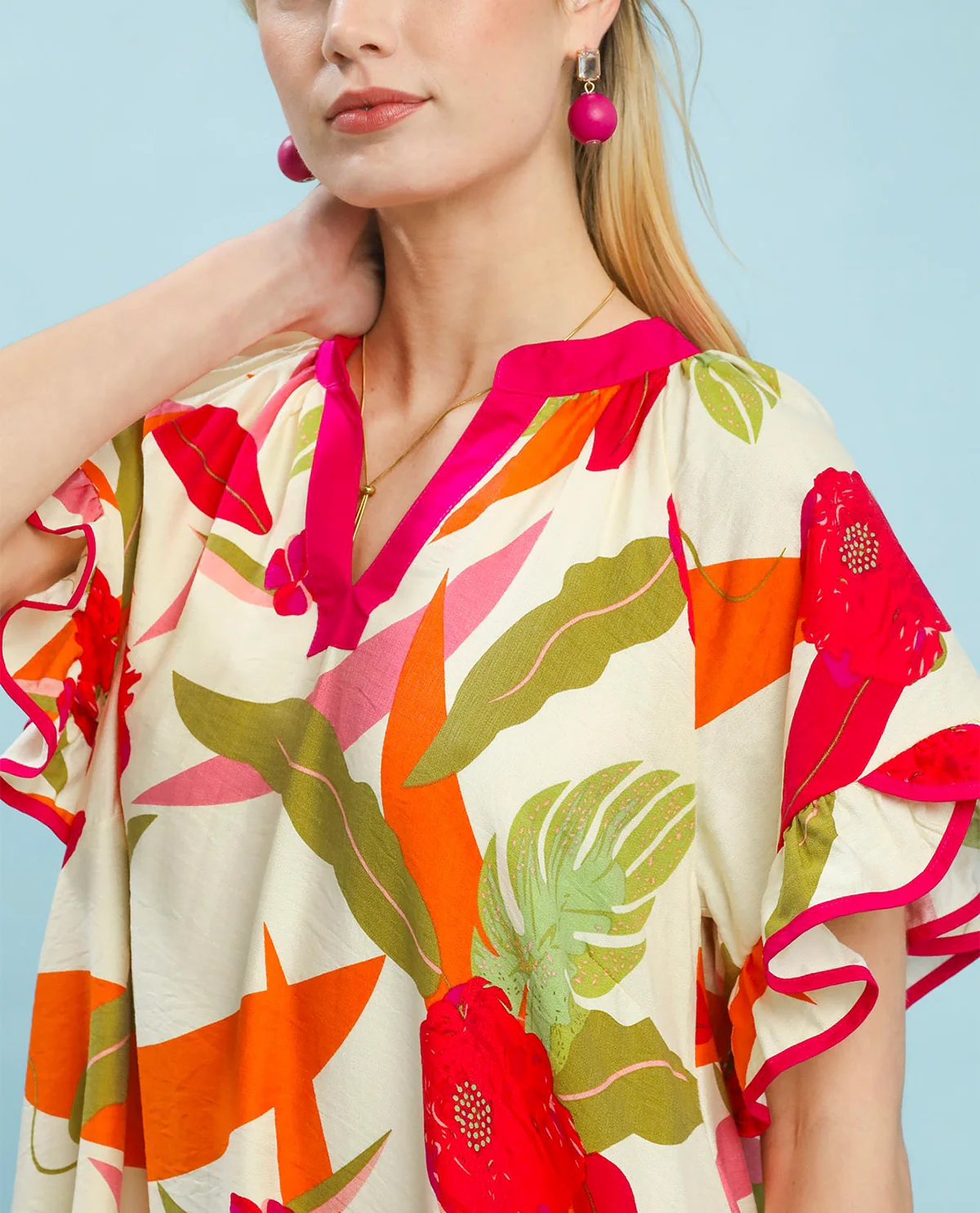 Umgee Printed V-Neck Dress Cream Mix - Image 2