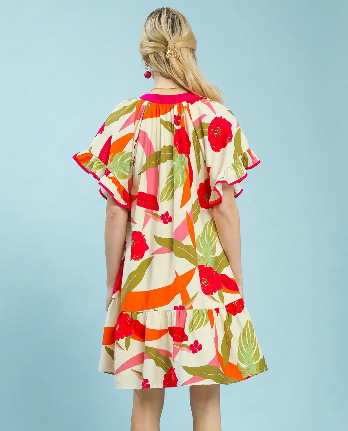 Umgee Printed V-Neck Dress Cream Mix - Image 3