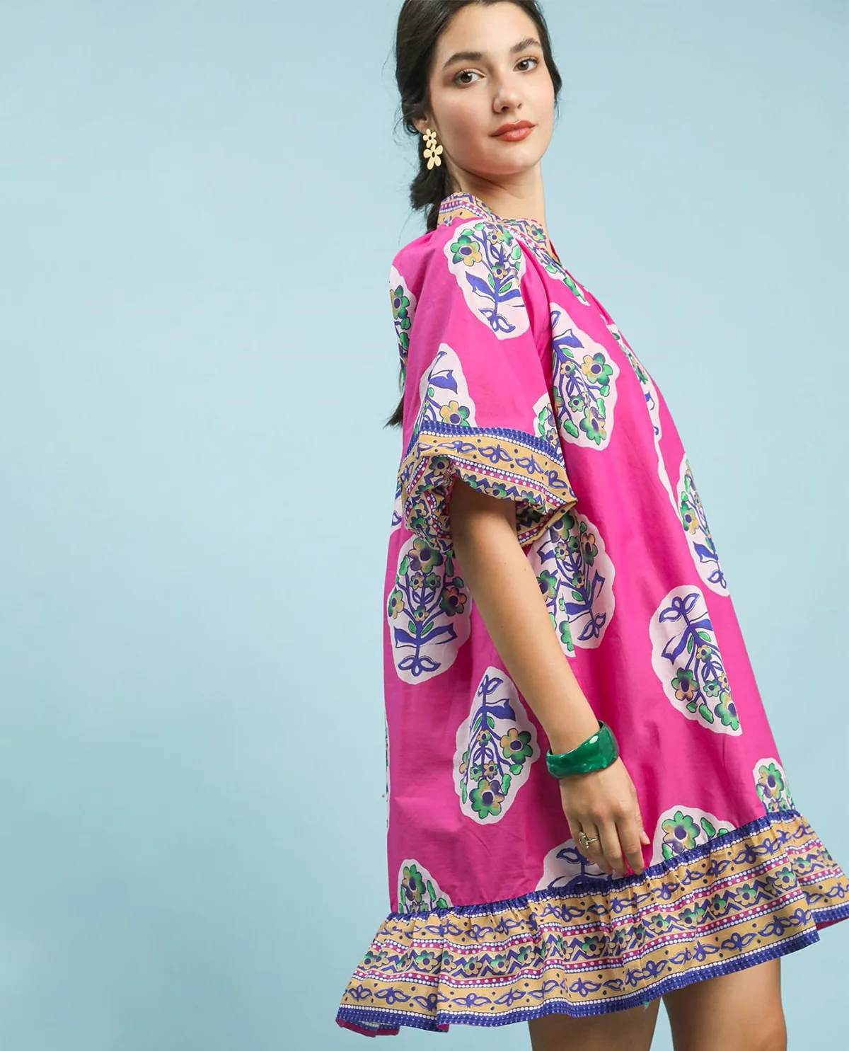 Umgee Flower Print V-Neck Dress With Short Wide Sleeves Fuchsia - Image 2