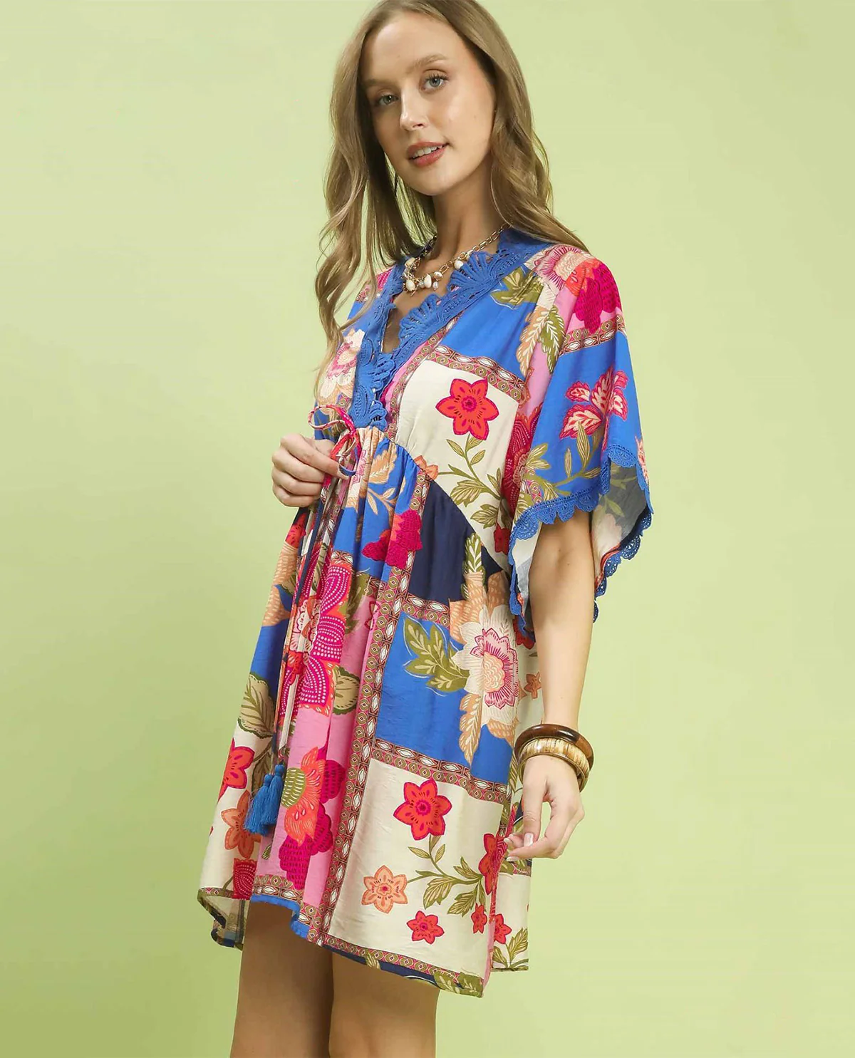 Umgee Print V-Neck Dress with Lace Blue - Image 2