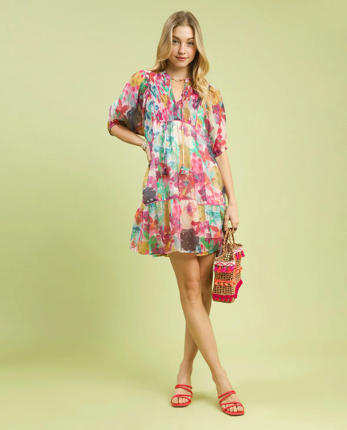 Umgee Watercolor Floral Print Babydoll Dress Pink - Image 2