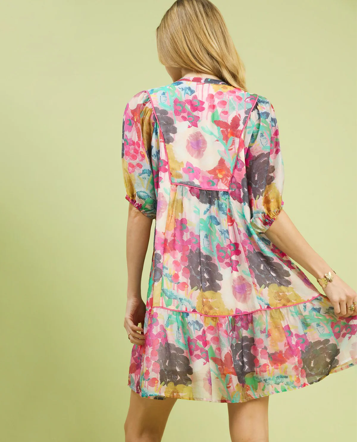 Umgee Watercolor Floral Print Babydoll Dress Pink - Image 3