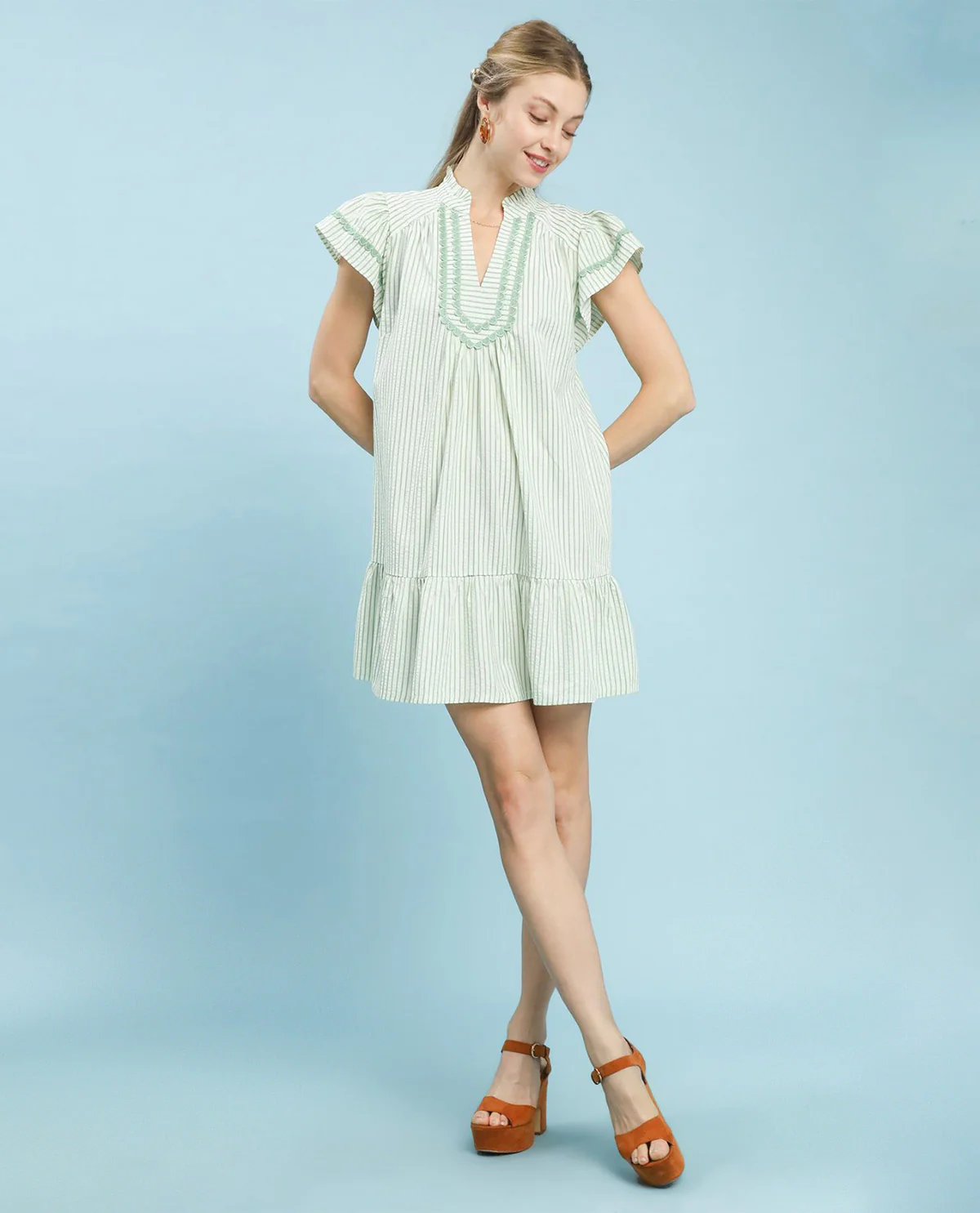 Umgee Ruffle Sleeve Dress With Lace Sage - Image 2