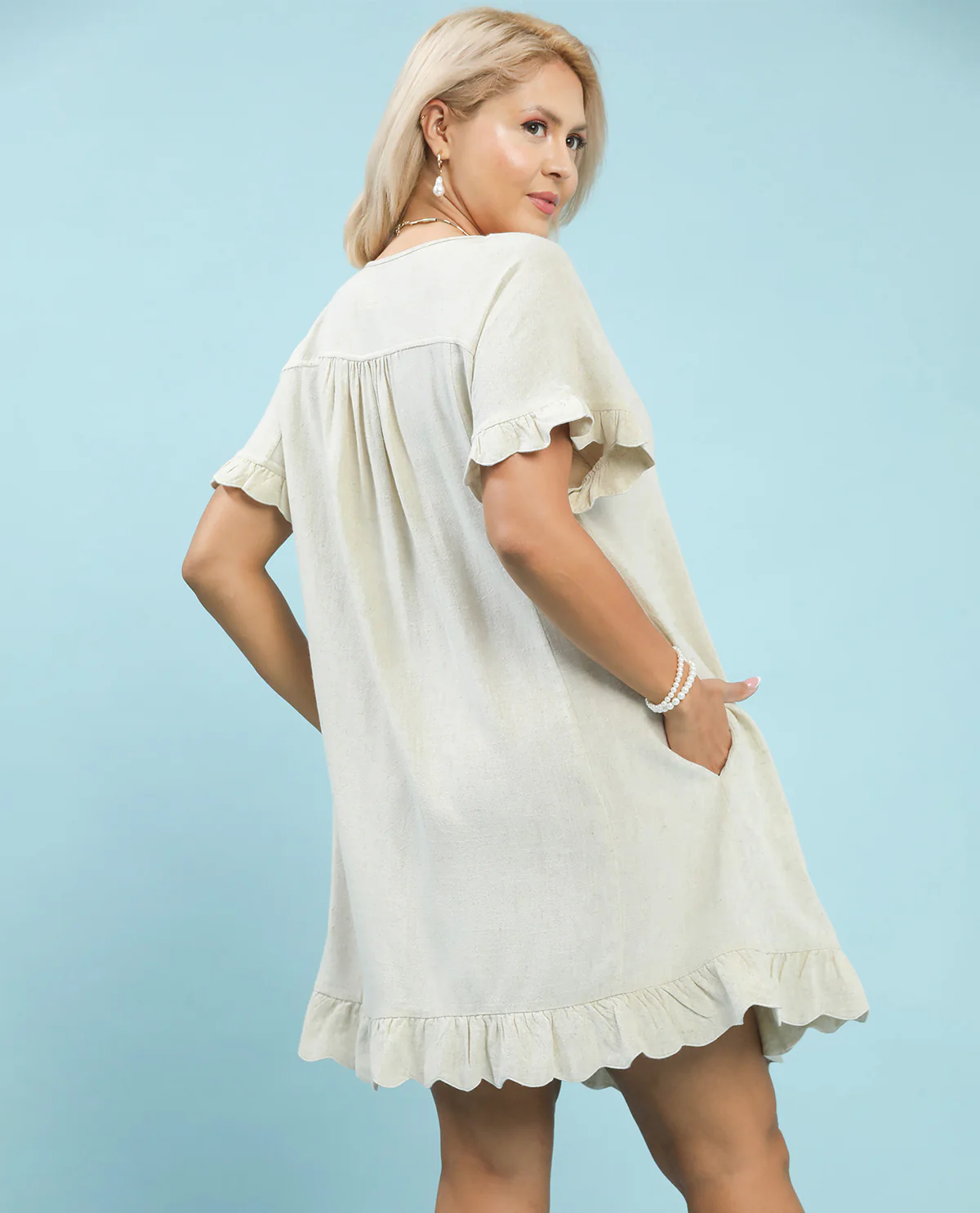 Umgee Solid Linen Dress With Scallop Trim Oatmeal - Image 3