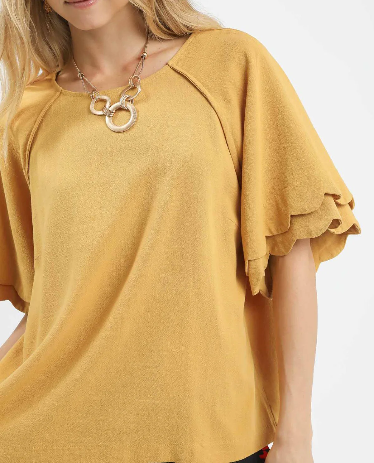 Umgee Linen Scallop Solid Ruffle Sleeve Top Yellow - Image 2