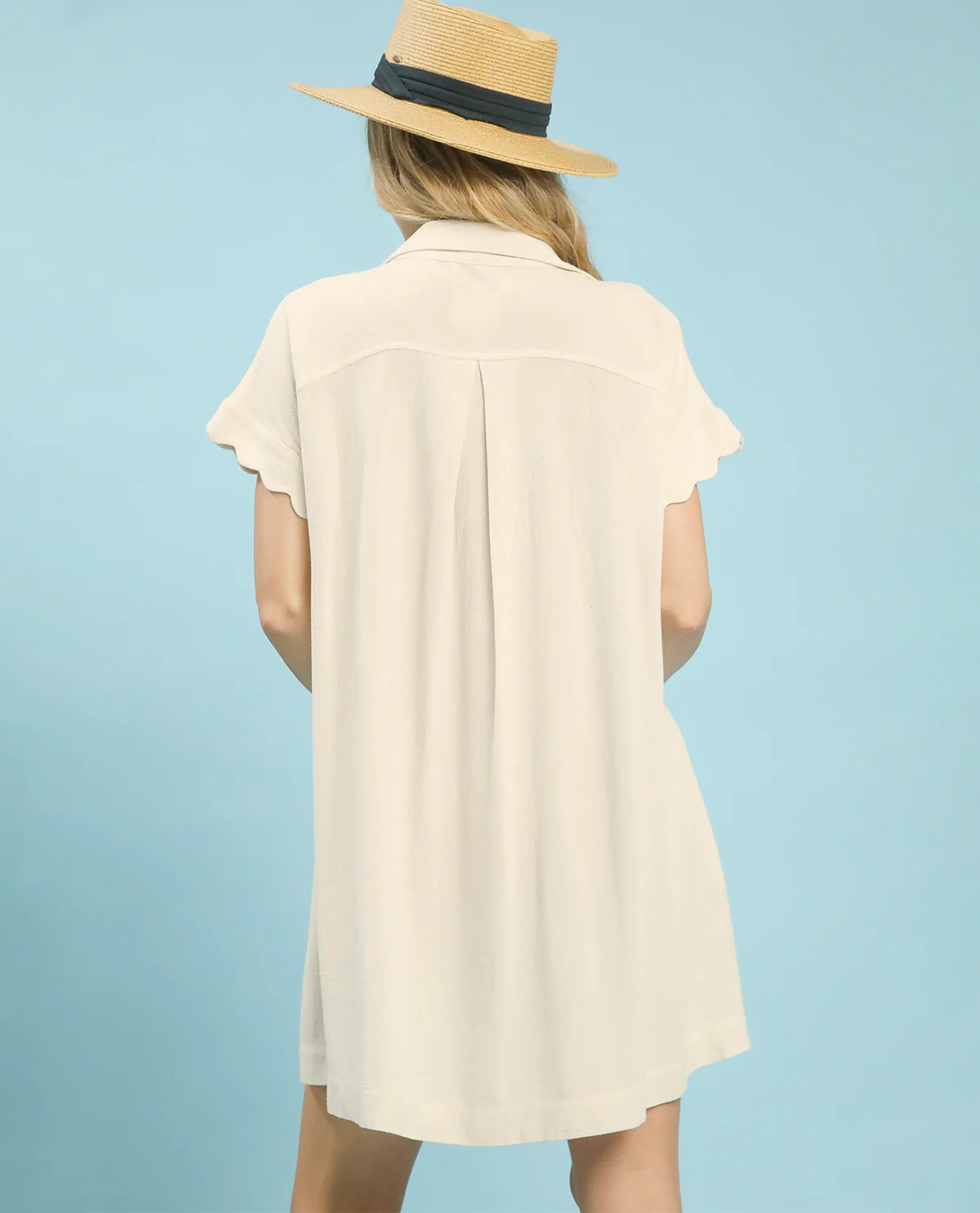 Umgee Solid Scallop Edge Linen Dress Oatmeal - Image 4
