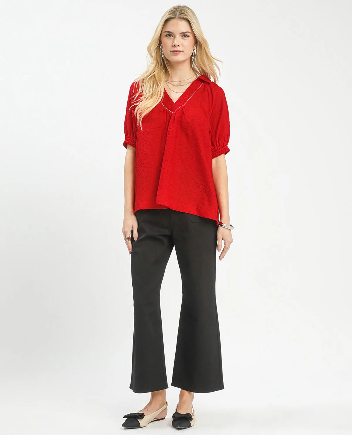Umgee Solid Texture V-Neck Top Red - Image 3