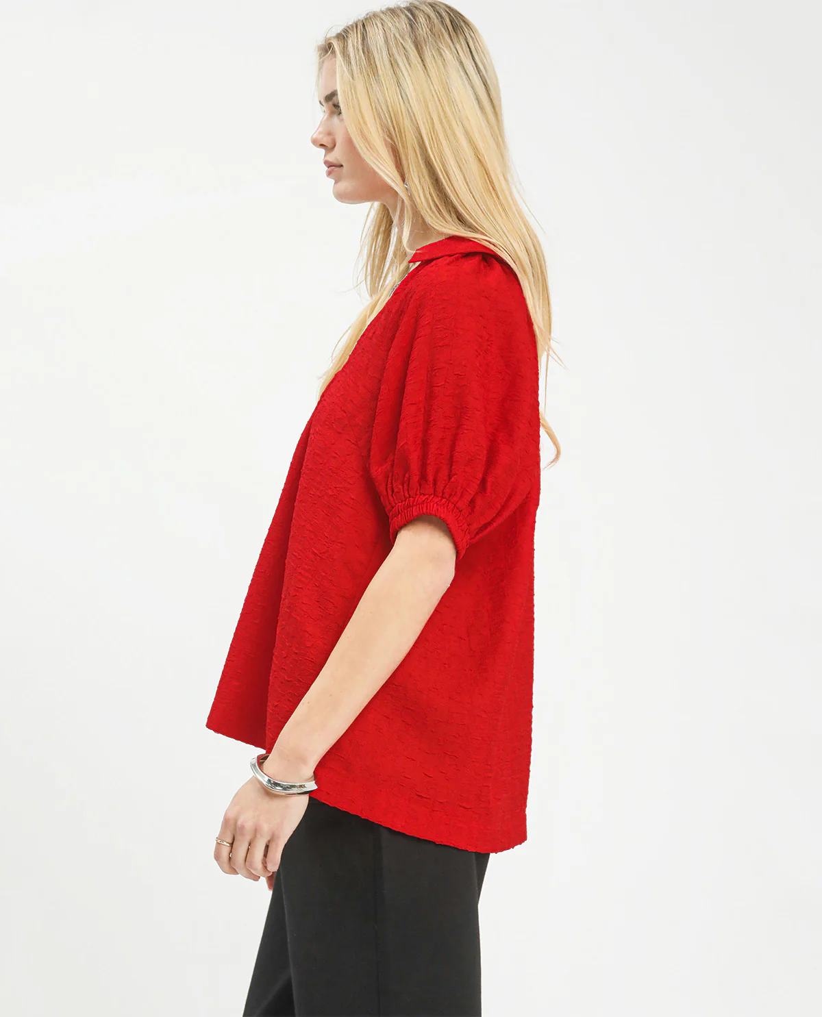 Umgee Solid Texture V-Neck Top Red - Image 4