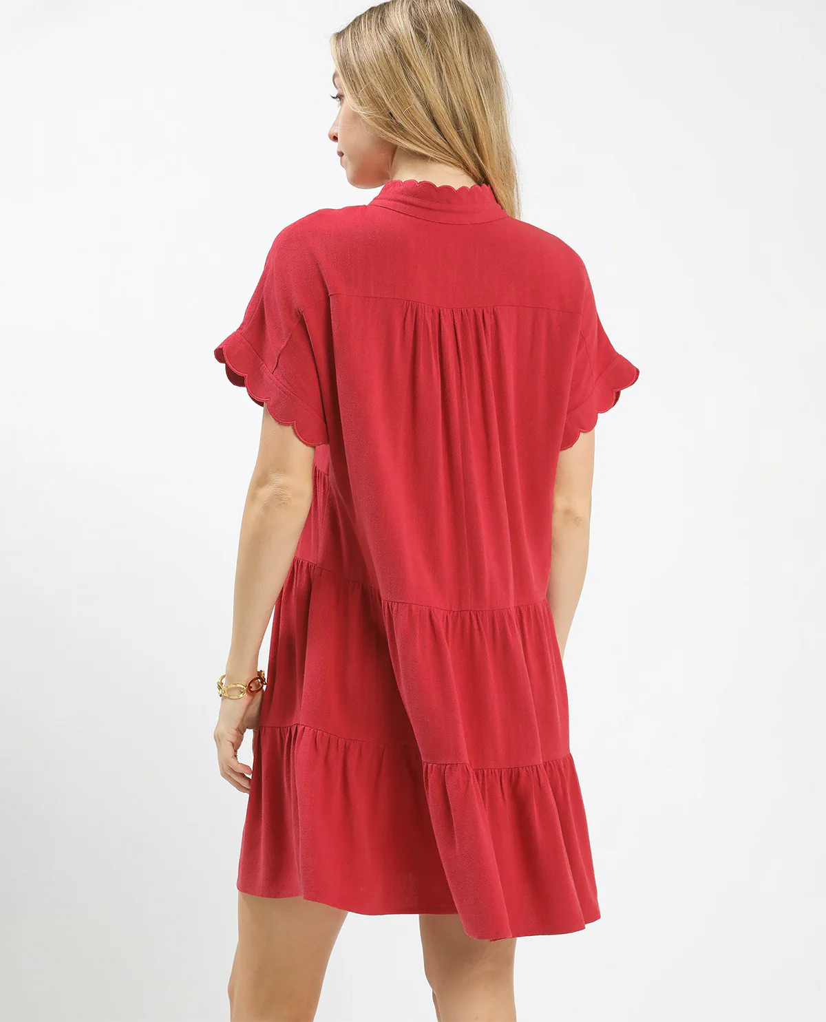 Umgee Solid Tiered Button Front Linen Dress Raspberry - Image 2