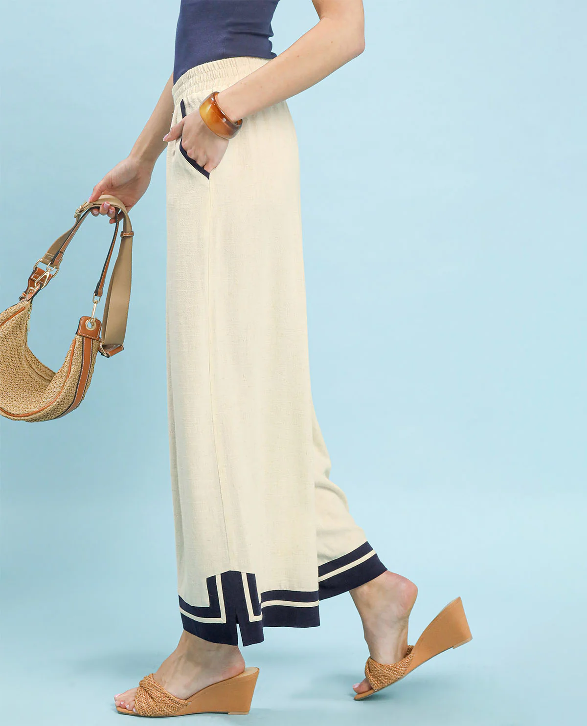 Umgee Solid Trim Wide Leg Pant Oatmeal - Image 3