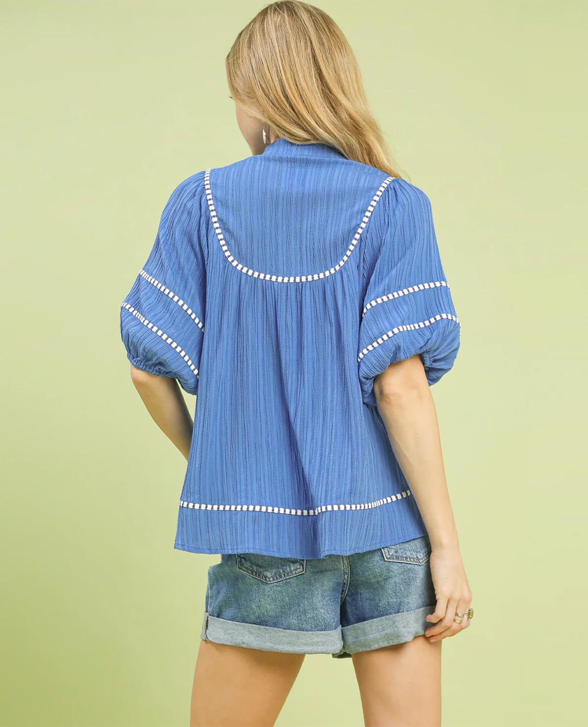 Umgee Solid V-Neck Mandarin Collar Top - Image 2