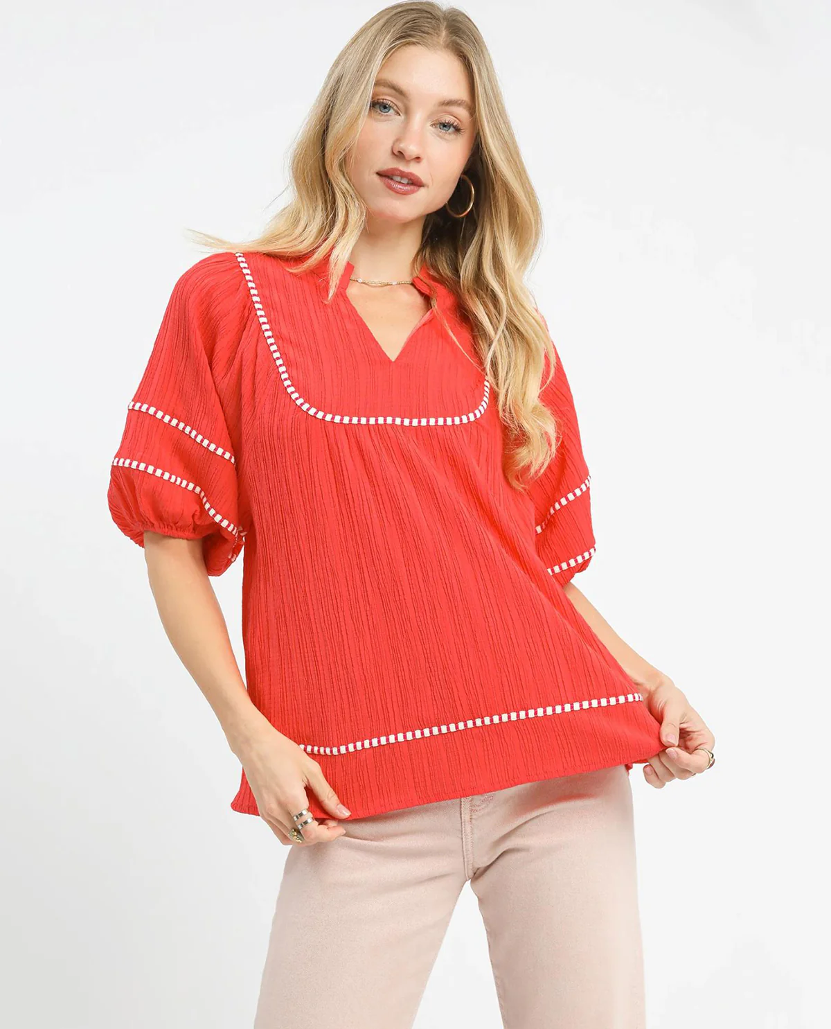 Umgee Solid V-Neck Mandarin Collar Top - Image 4
