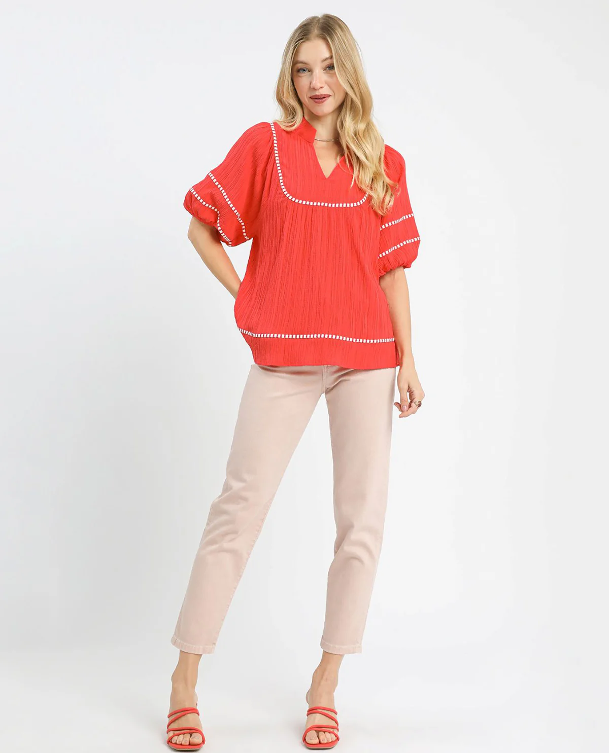 Umgee Solid V-Neck Mandarin Collar Top - Image 5