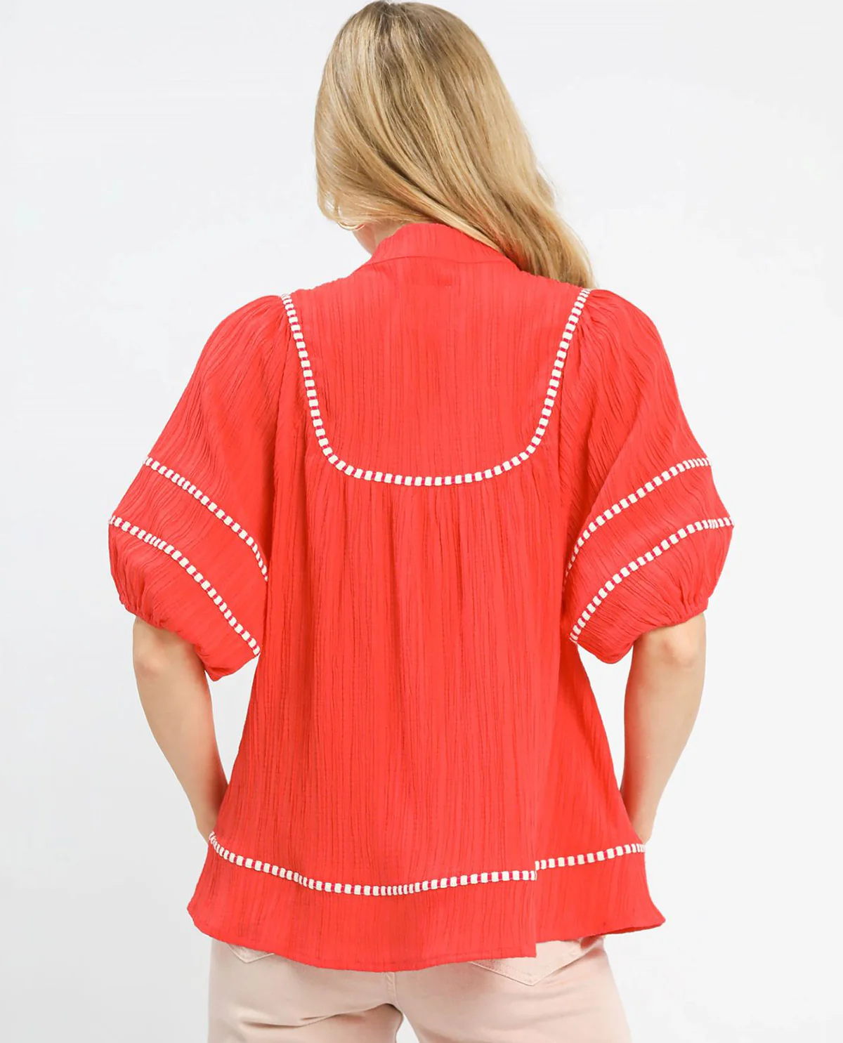 Umgee Solid V-Neck Mandarin Collar Top - Image 6