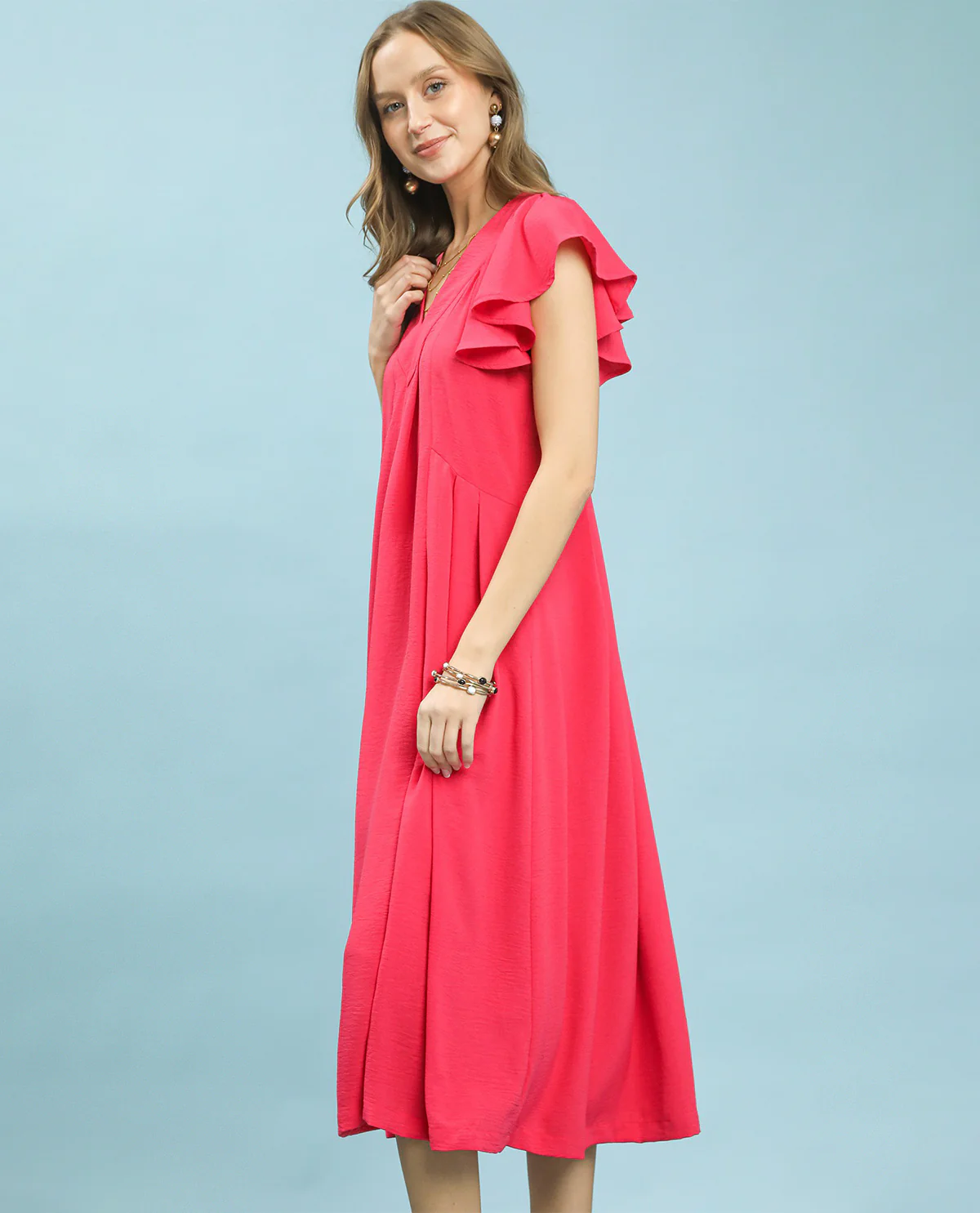 Umgee Solid V-Neck Ruffle Sleeve Dress Pink - Image 2