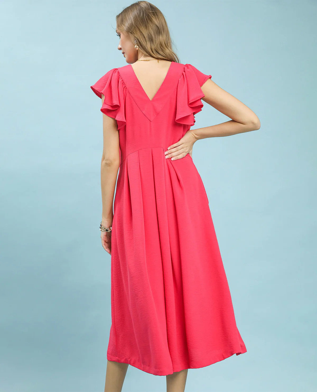 Umgee Solid V-Neck Ruffle Sleeve Dress Pink - Image 3