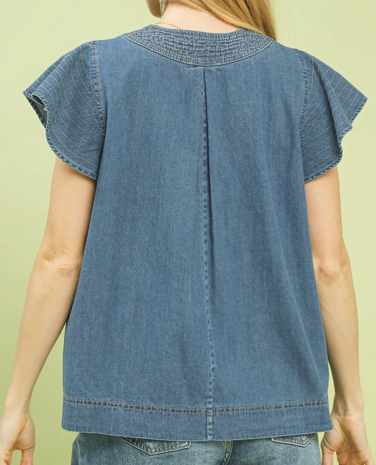 Umgee Solid V-Neck Shirt With Cap Sleeves Denim - Image 2