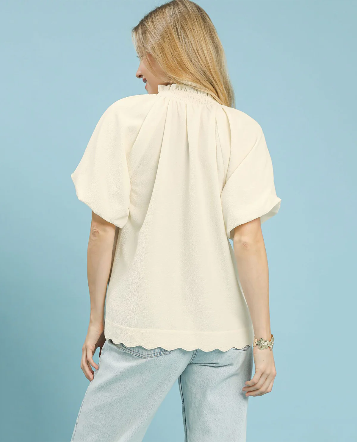 Umgee Scalloped Hem Textured Blouse Ecru - Image 3