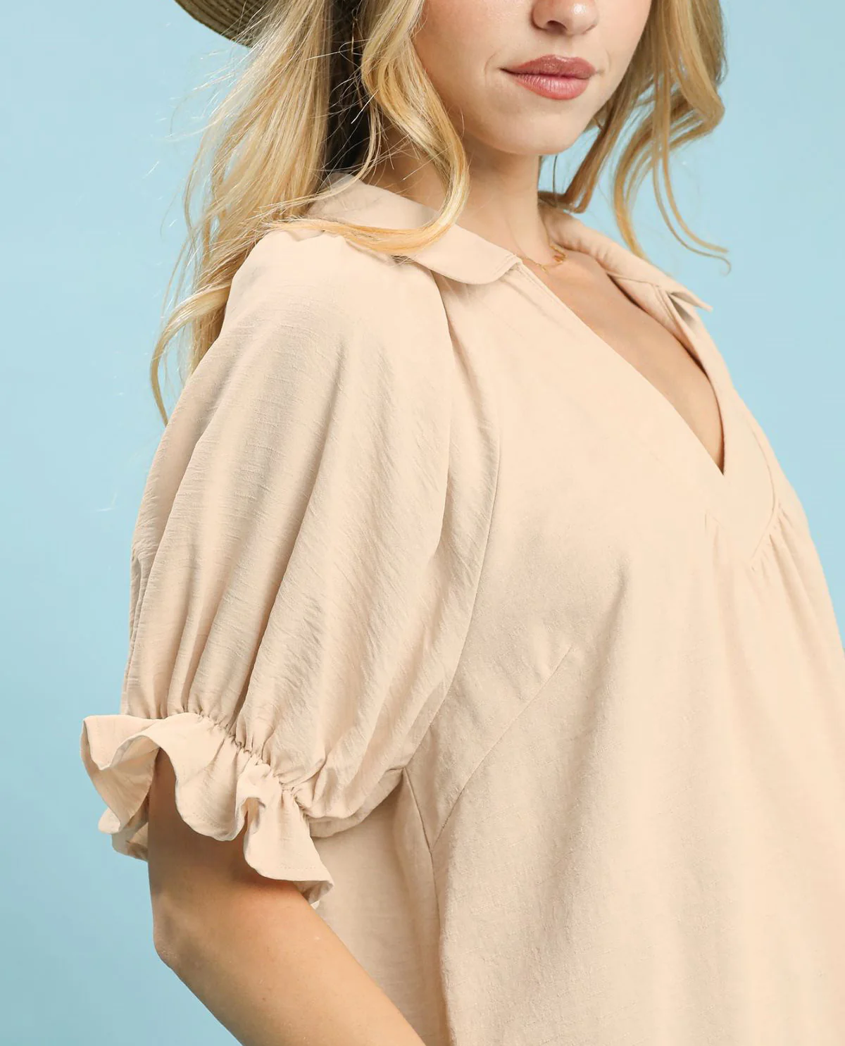 Umgee Solid V-Neck Top With Short Puff Sleeves - Image 2