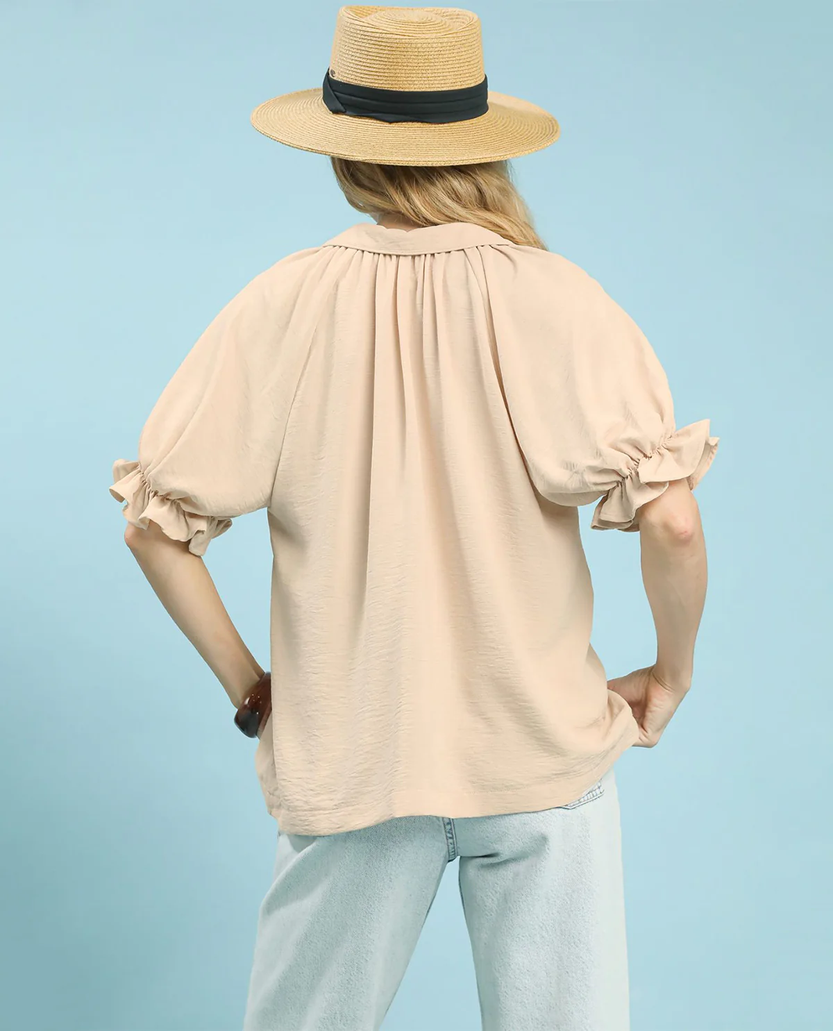 Umgee Solid V-Neck Top With Short Puff Sleeves - Image 3