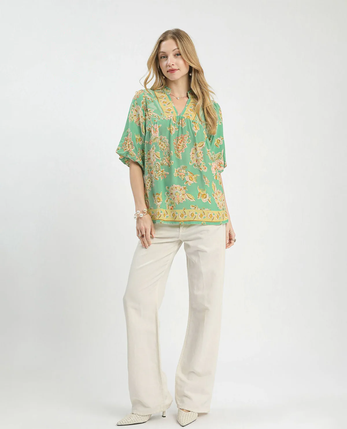 Umgee Apricot Floral Boho Top With Split Neckline And Puff Sleeves Mint - Image 2