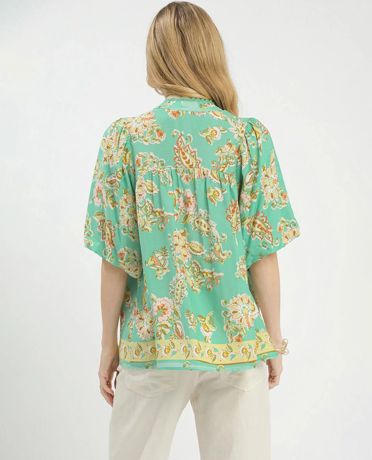 Umgee Apricot Floral Boho Top With Split Neckline And Puff Sleeves Mint - Image 3