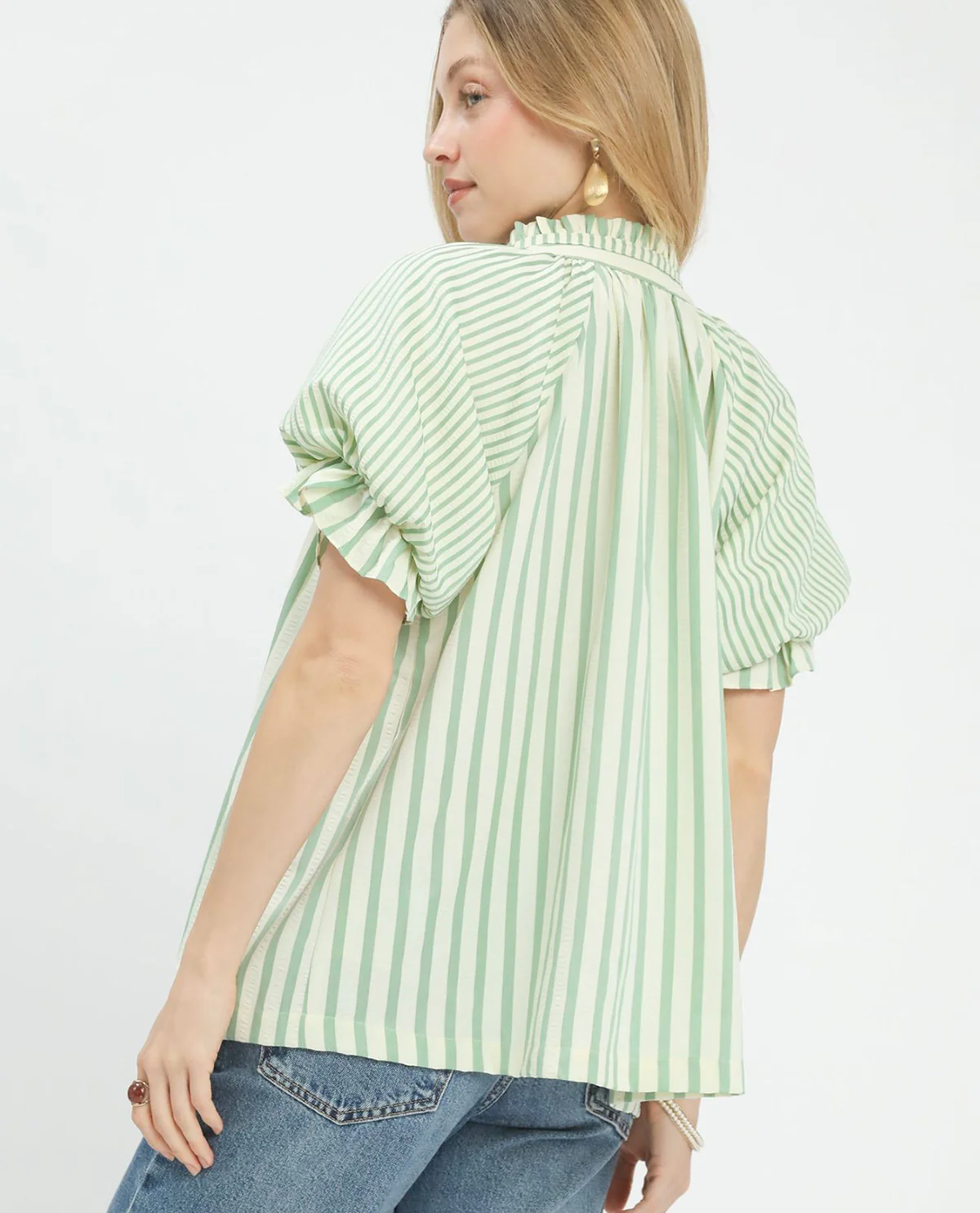 Umgee Stripe V-Neck Top Green - Image 2