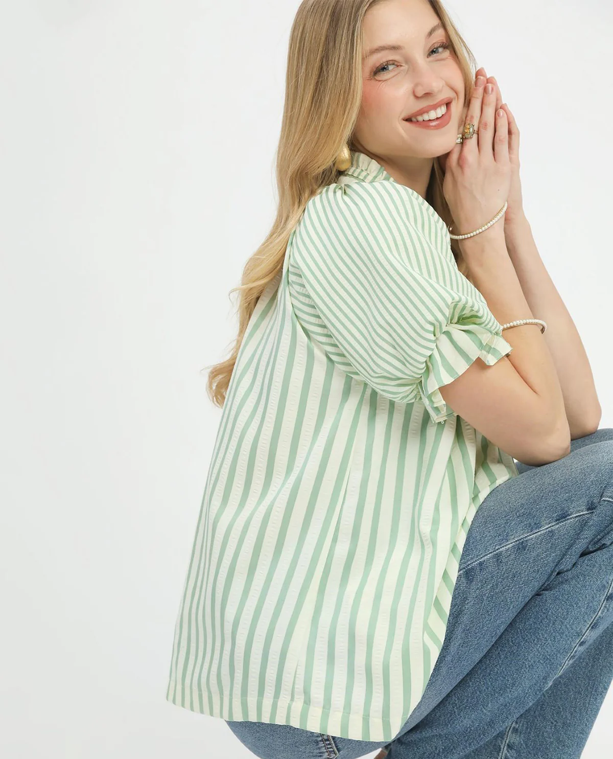 Umgee Stripe V-Neck Top Green - Image 3