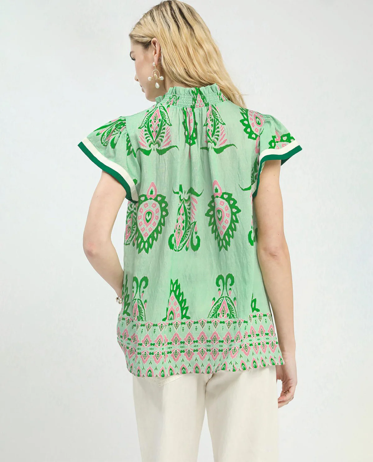Umgee V-Neck Smocked Collar Top Green - Image 3