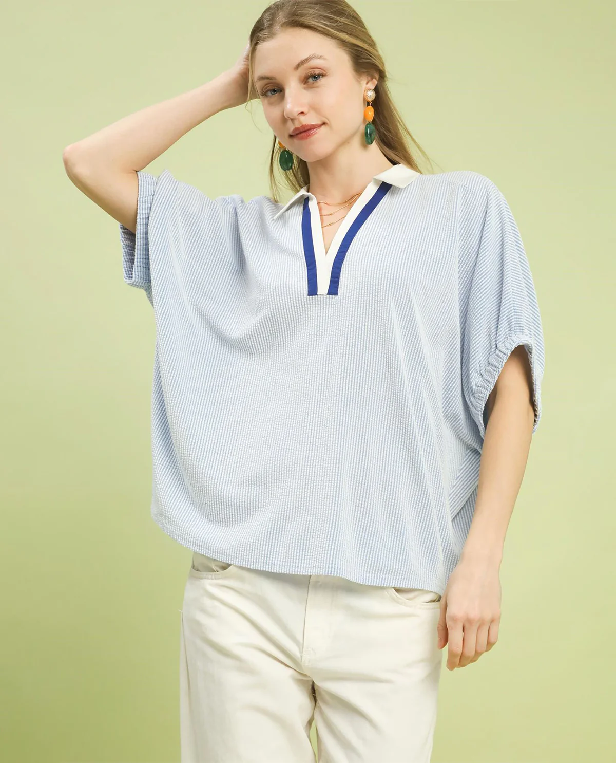Umgee V-Neck Collar Dolman Top Blue - Image 2