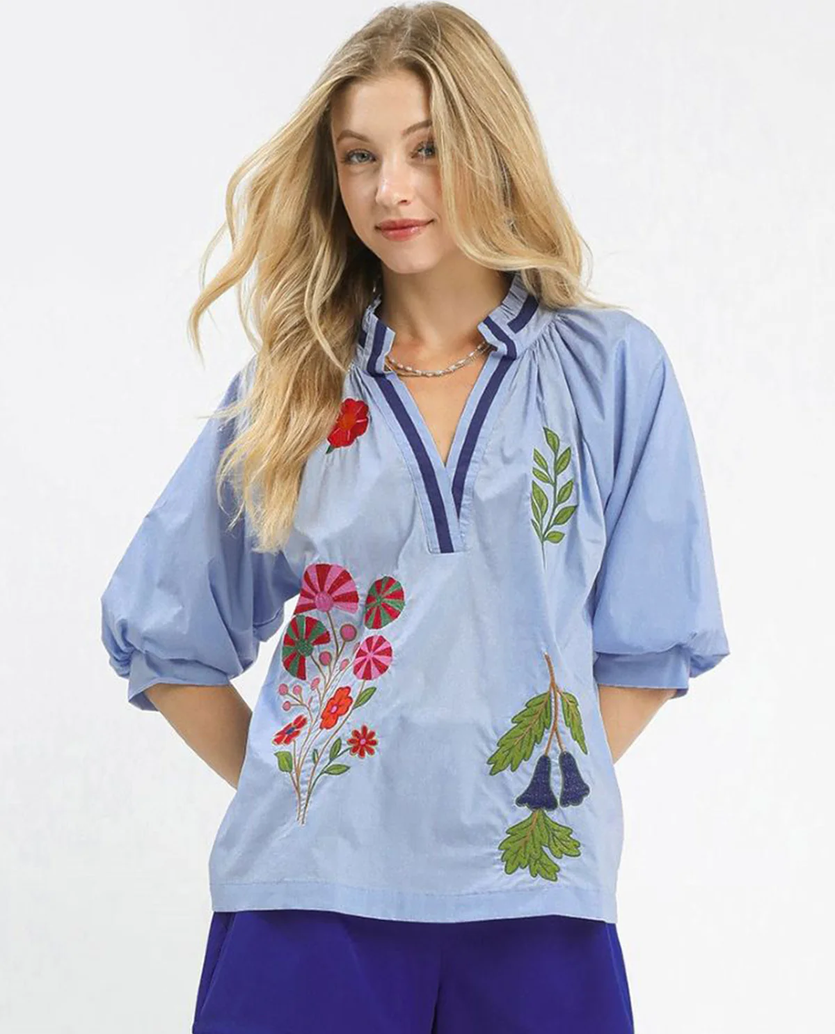 Umgee Embroidered Floral V-Neck Top Periwinkle - Image 2