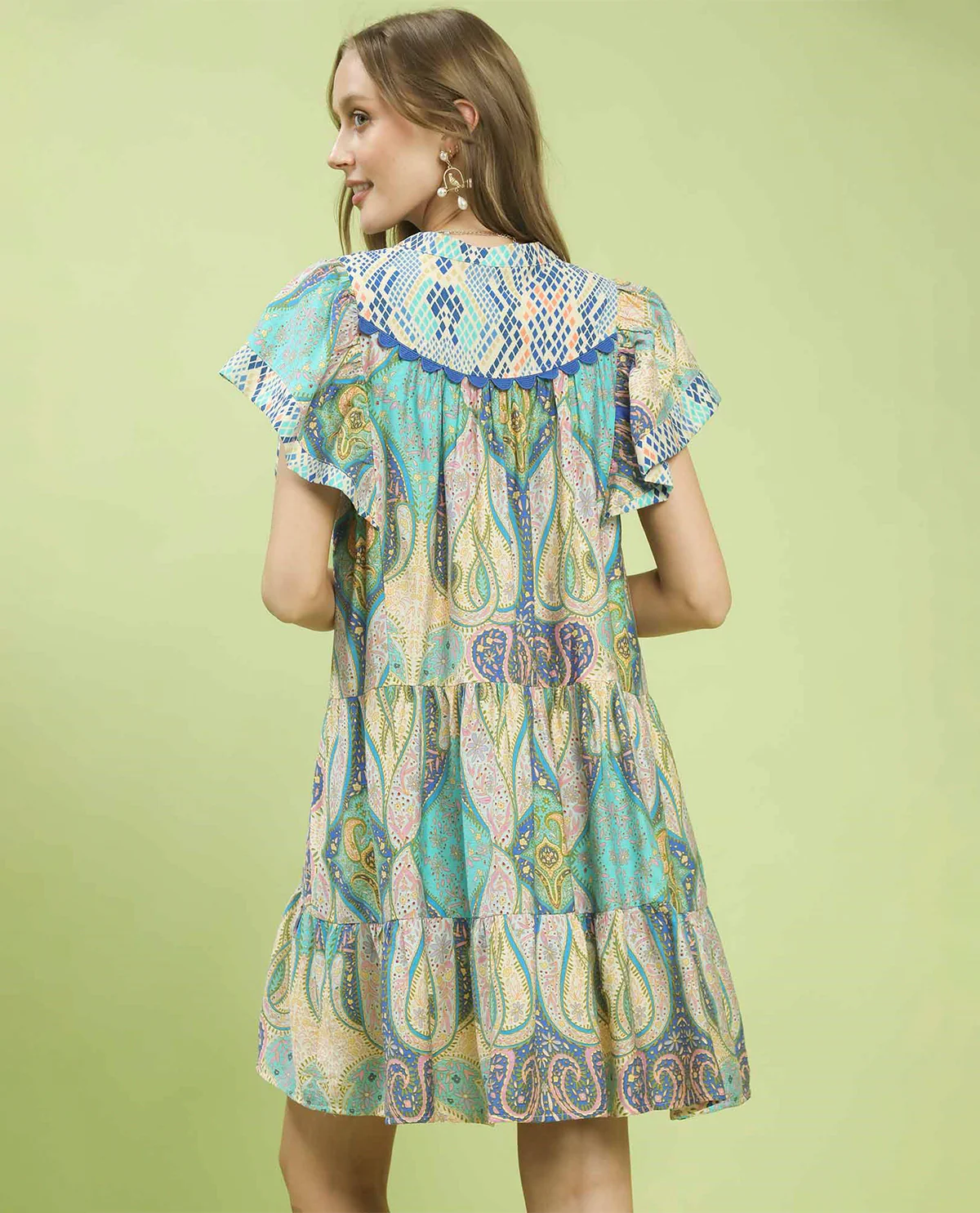 Umgee V-Neck Print Dress With Scallop Hem Blue Mix - Image 3