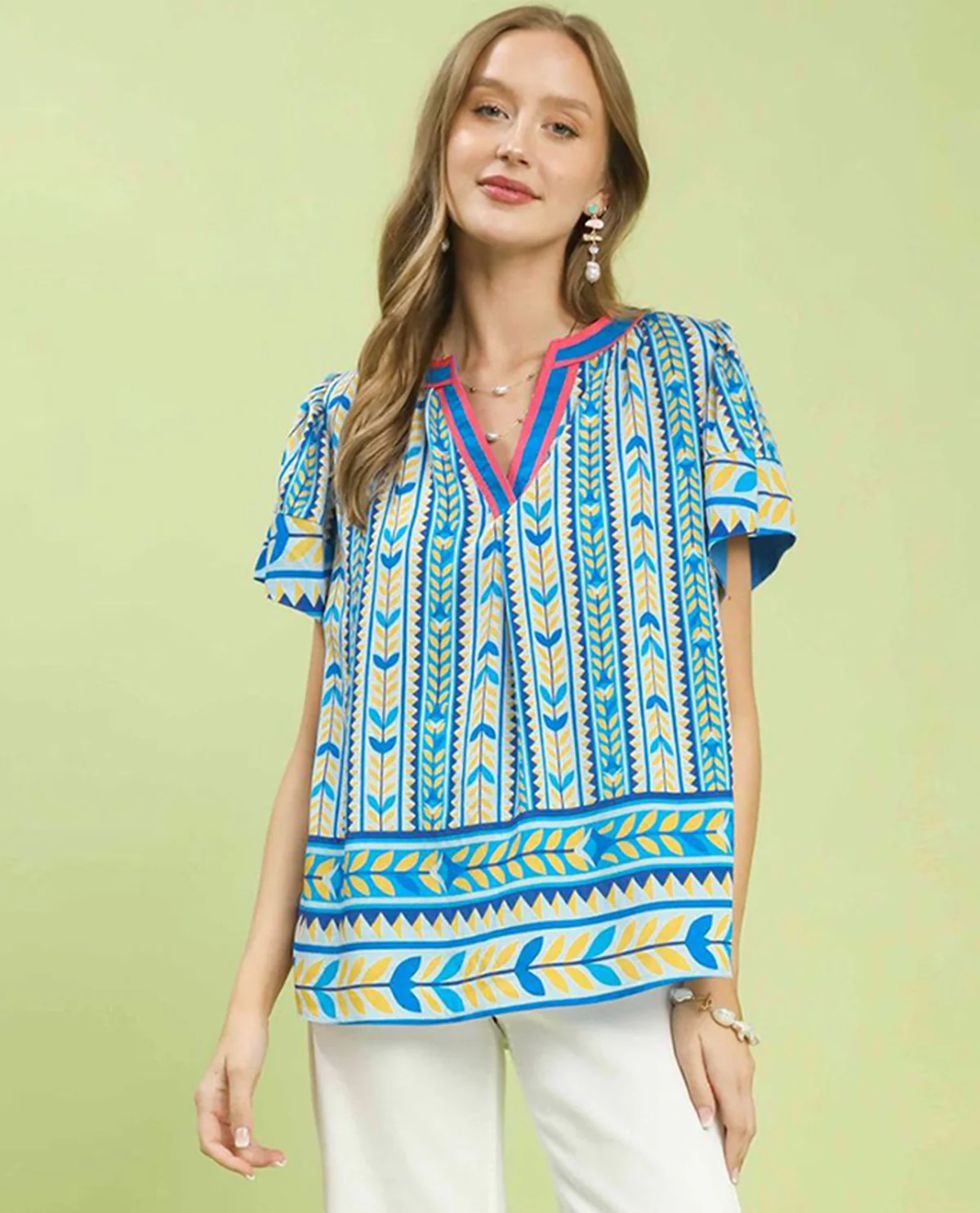 Umgee V-Neck Print Top Blue - Image 2